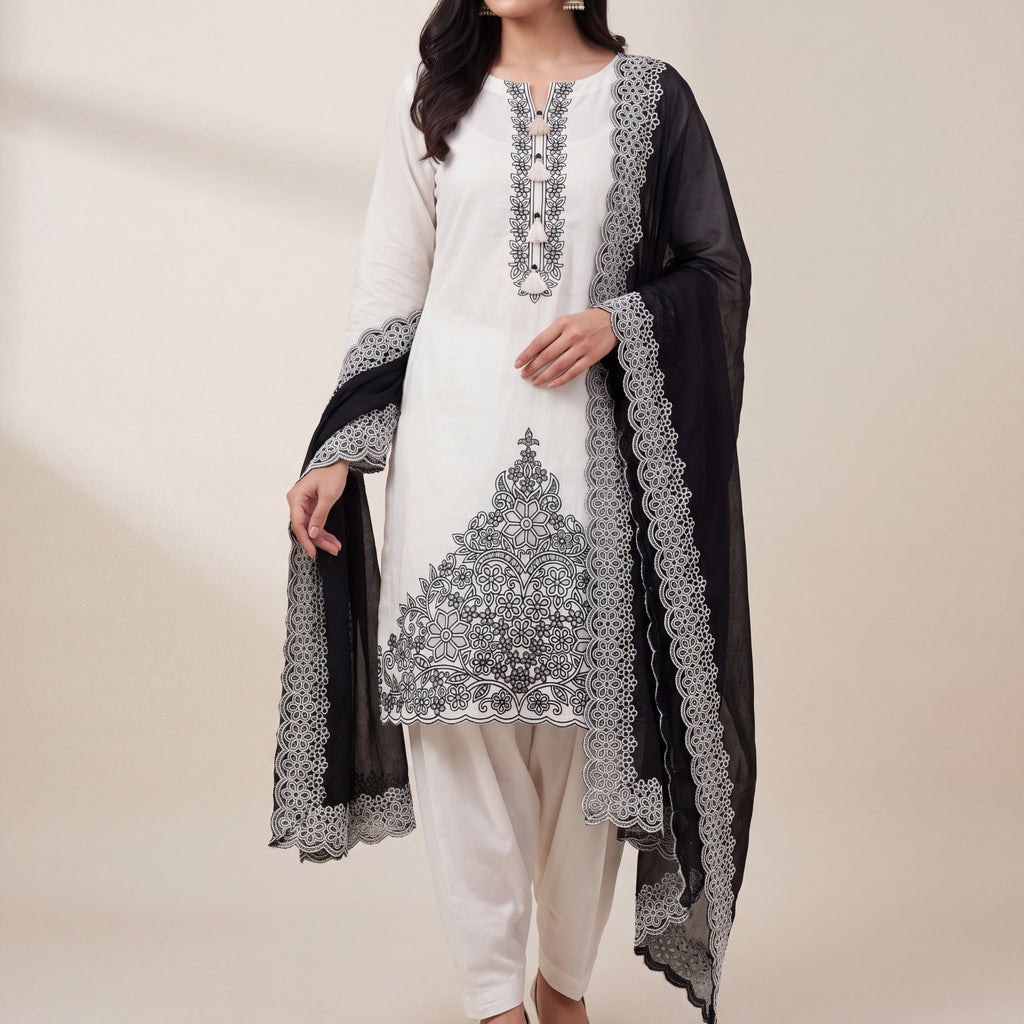 Ivory & Black Floral Embroidered Unstitched Mul Chanderi Suit Set (3-Piece)