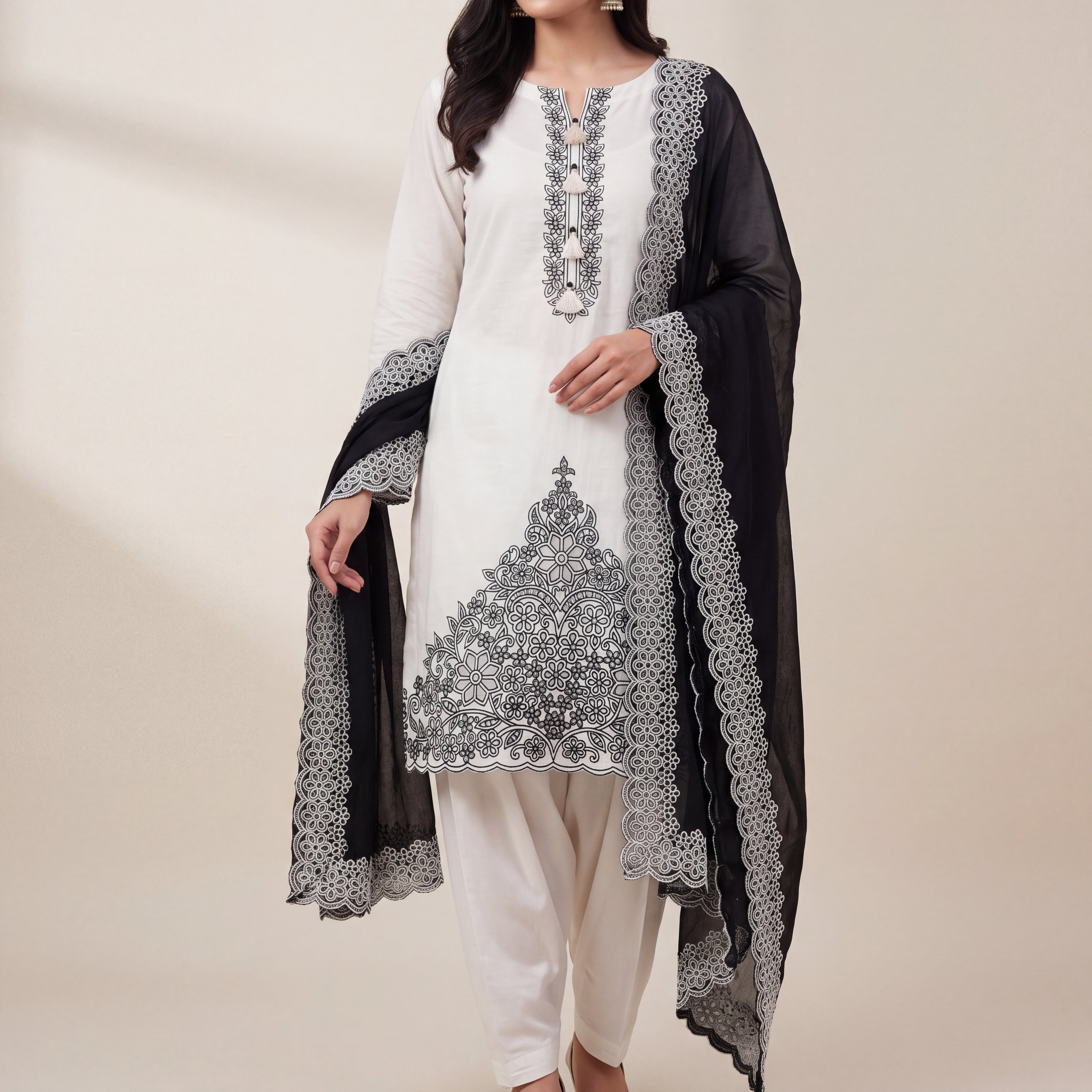 Ivory & Black Floral Embroidered Unstitched Mul Chanderi Suit Set (3-Piece)