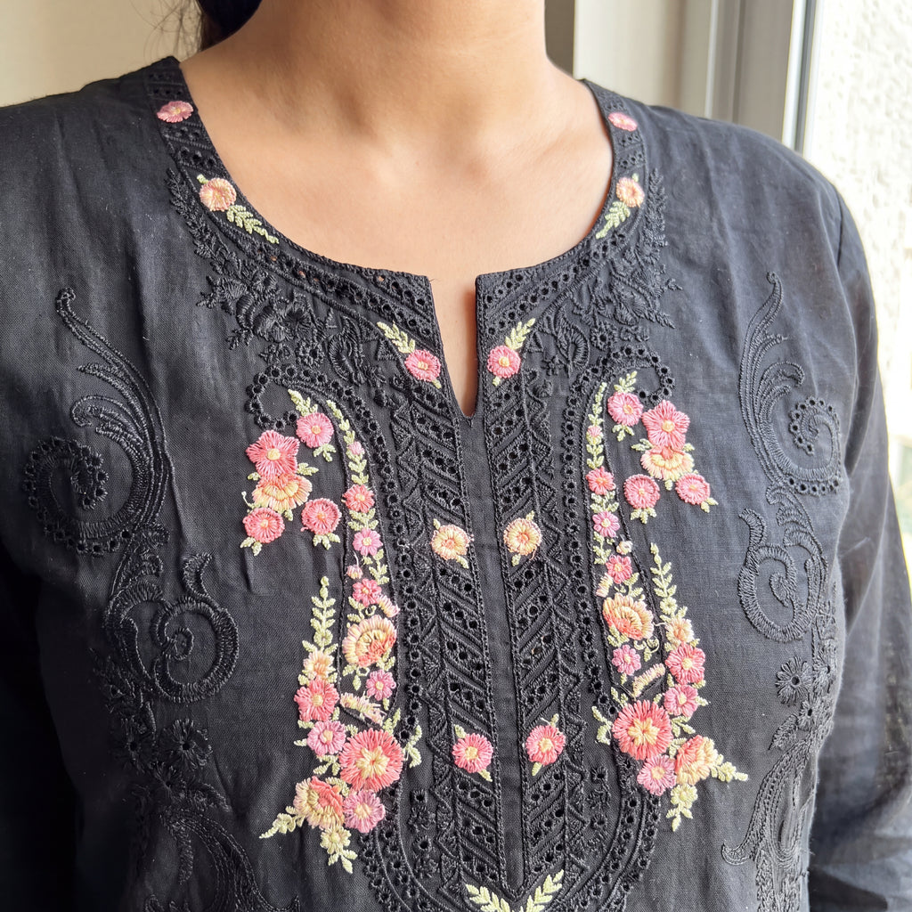 Midnight Rose Embroidered Mul Chanderi Unstitched Suit (3-Piece)