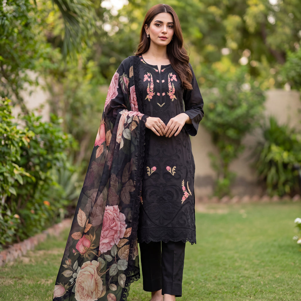 Midnight Rose Embroidered Mul Chanderi Unstitched Suit (3-Piece)