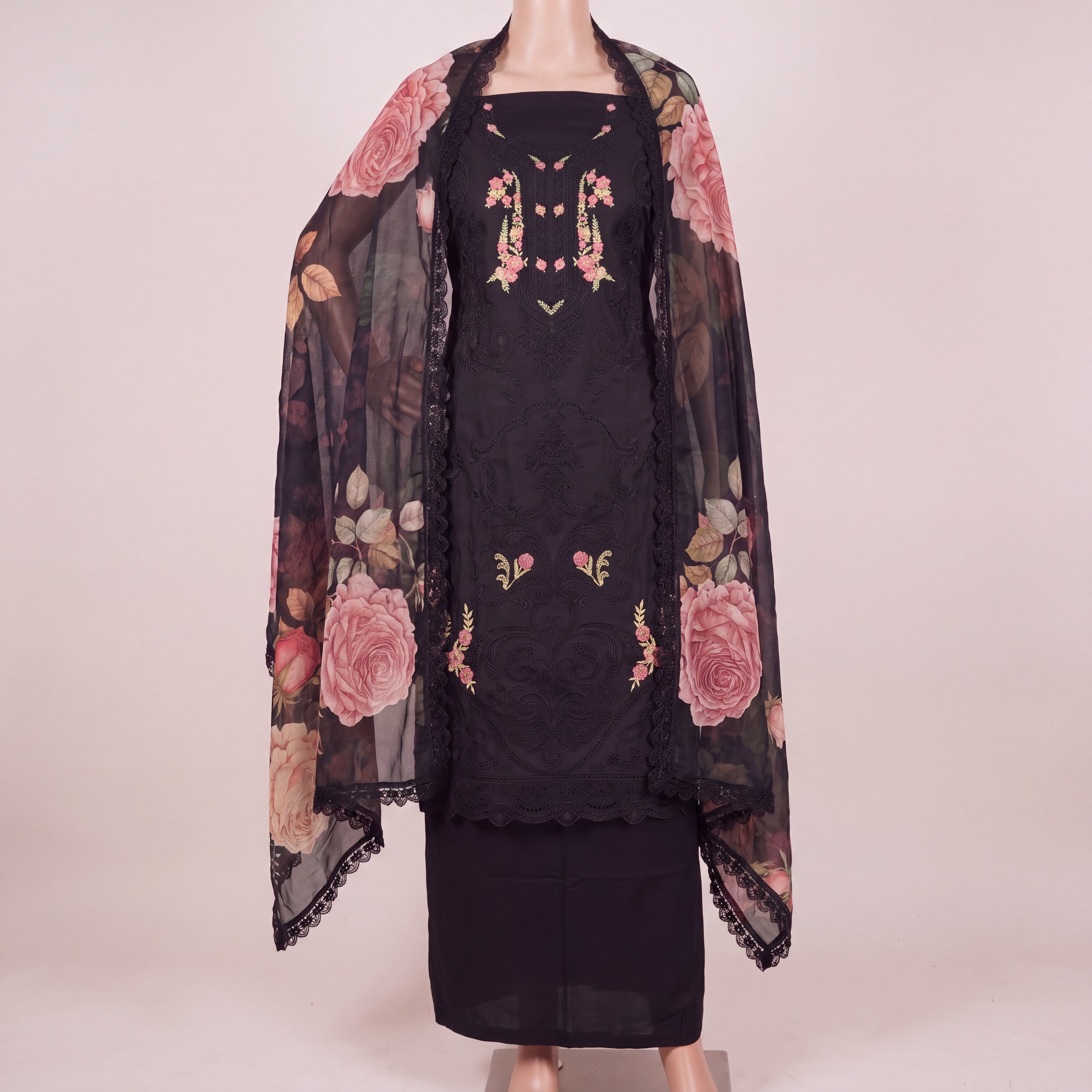 Midnight Rose Embroidered Mul Chanderi Unstitched Suit (3-Piece)