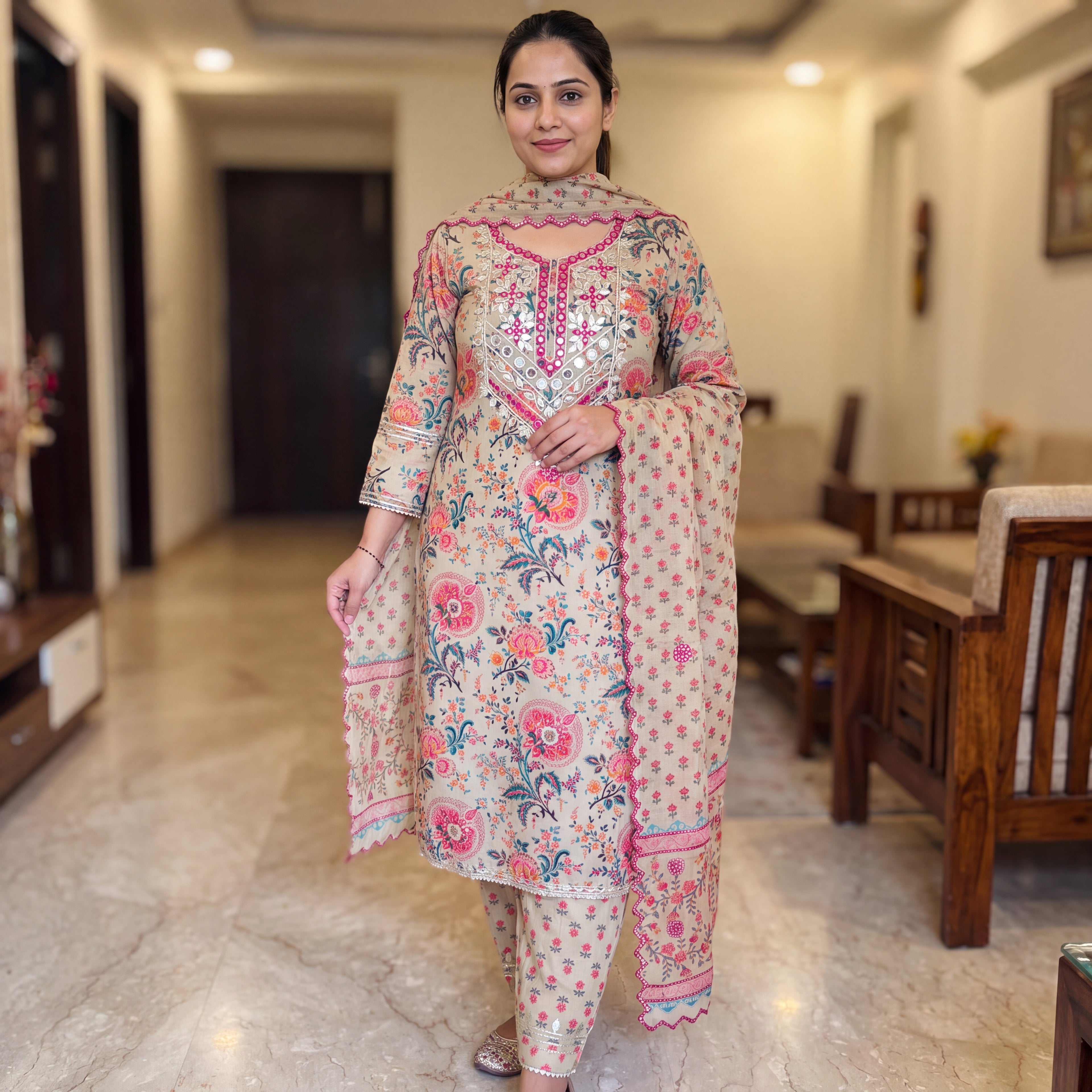 Beige Floral Mirror-Work Unstitched Suit Set (3-Piece)