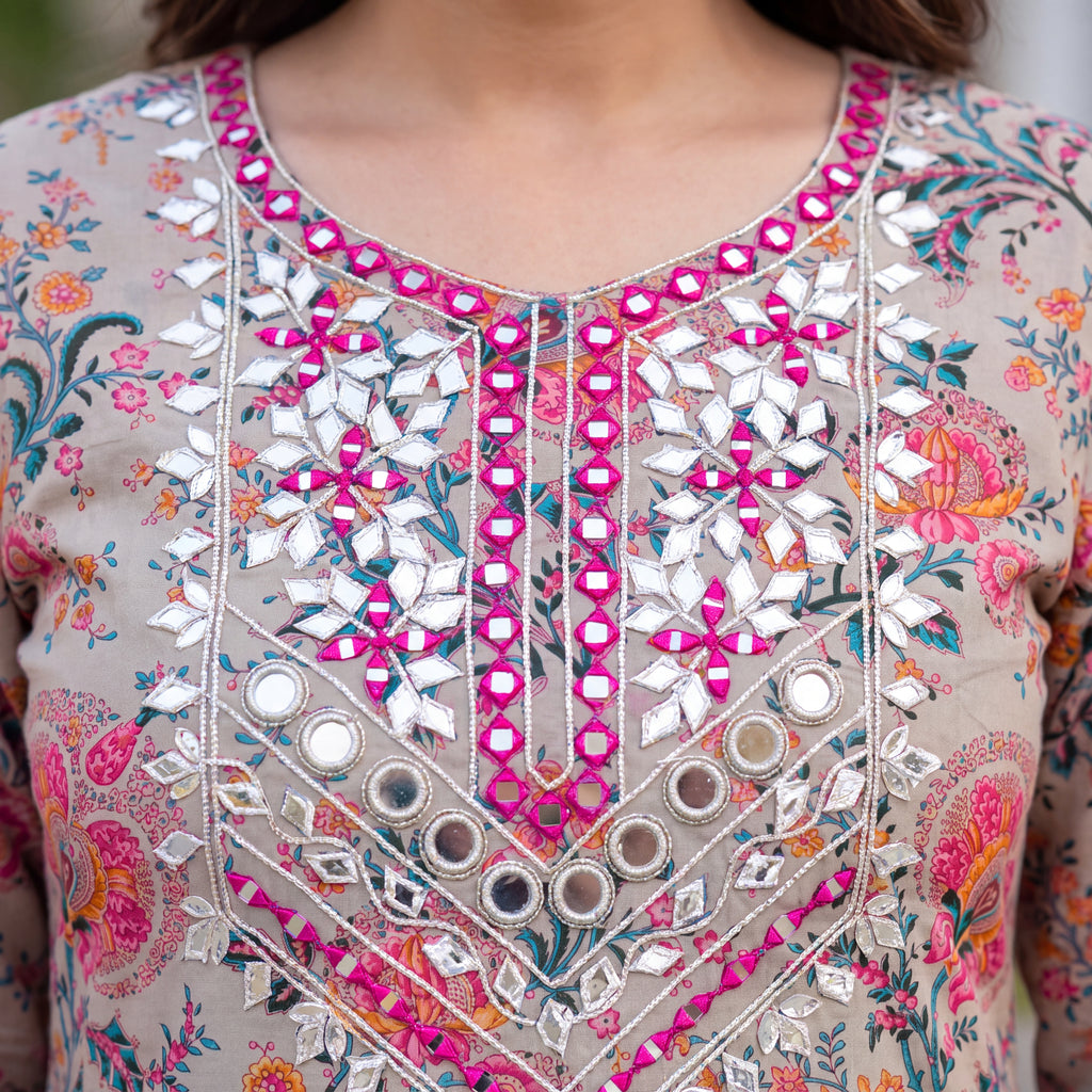 Beige Floral Mirror-Work Unstitched Suit Set (3-Piece)