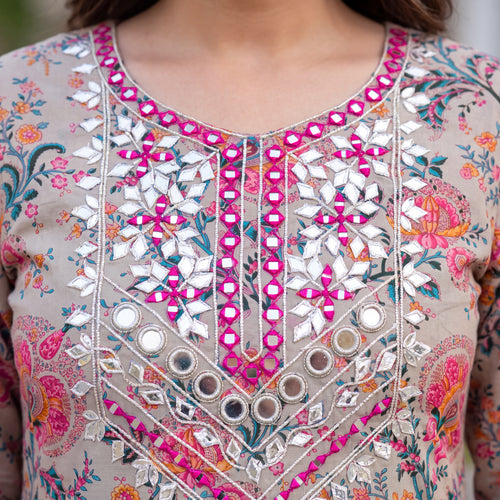 Beige Floral Mirror-Work Unstitched Suit Set (3-Piece)