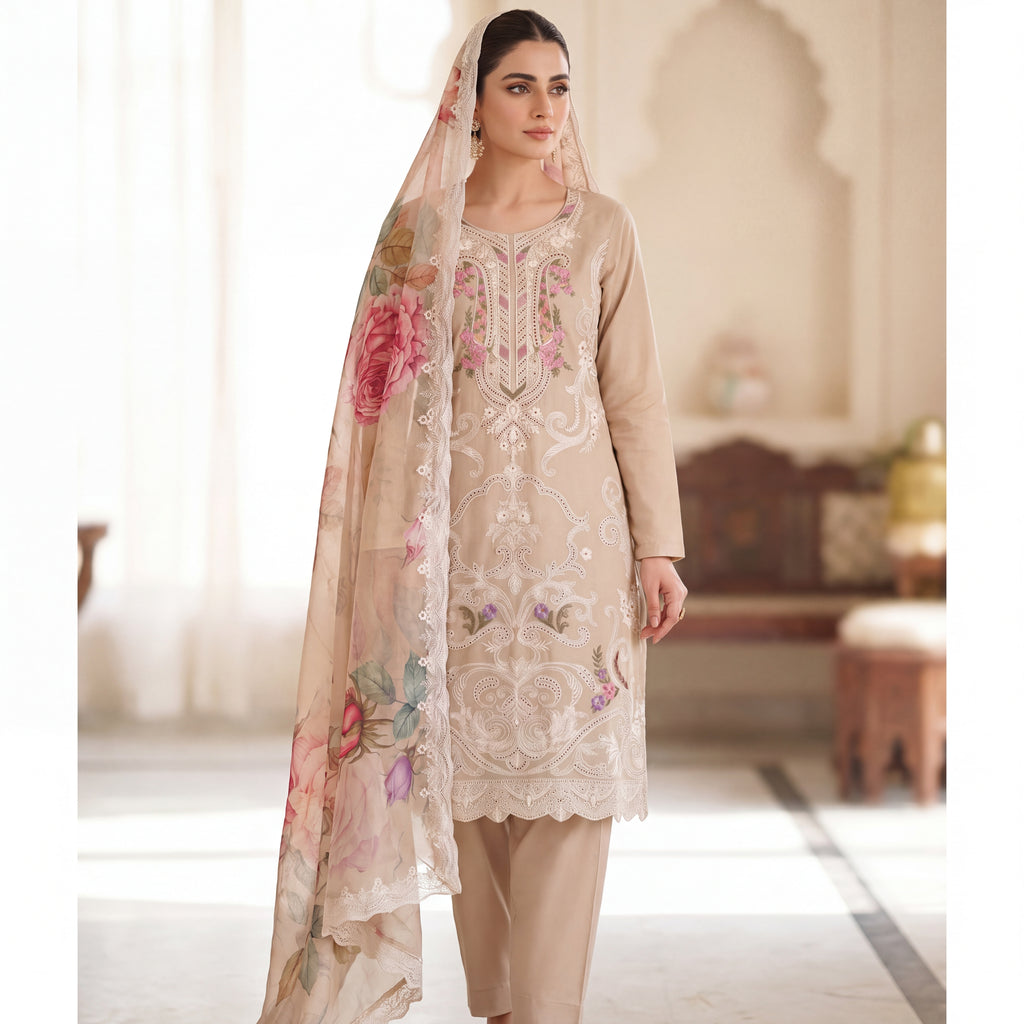The Sandstone Rose Embroidered Mul Chanderi Set