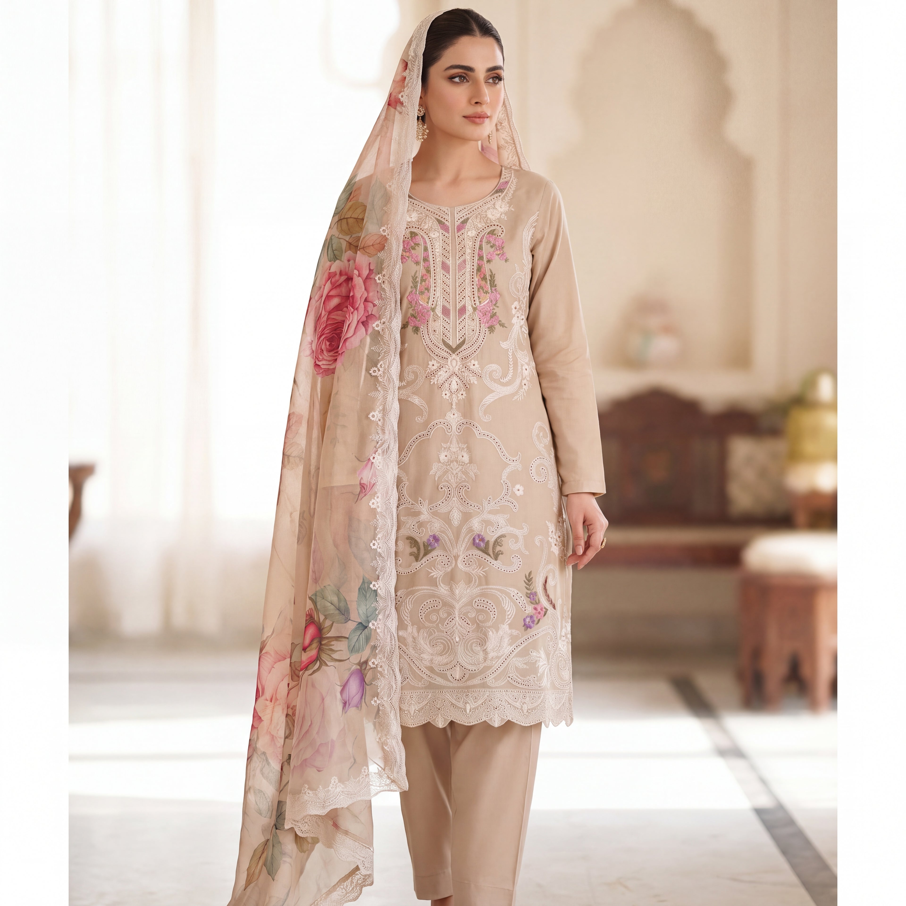 The Sandstone Rose Embroidered Mul Chanderi Set