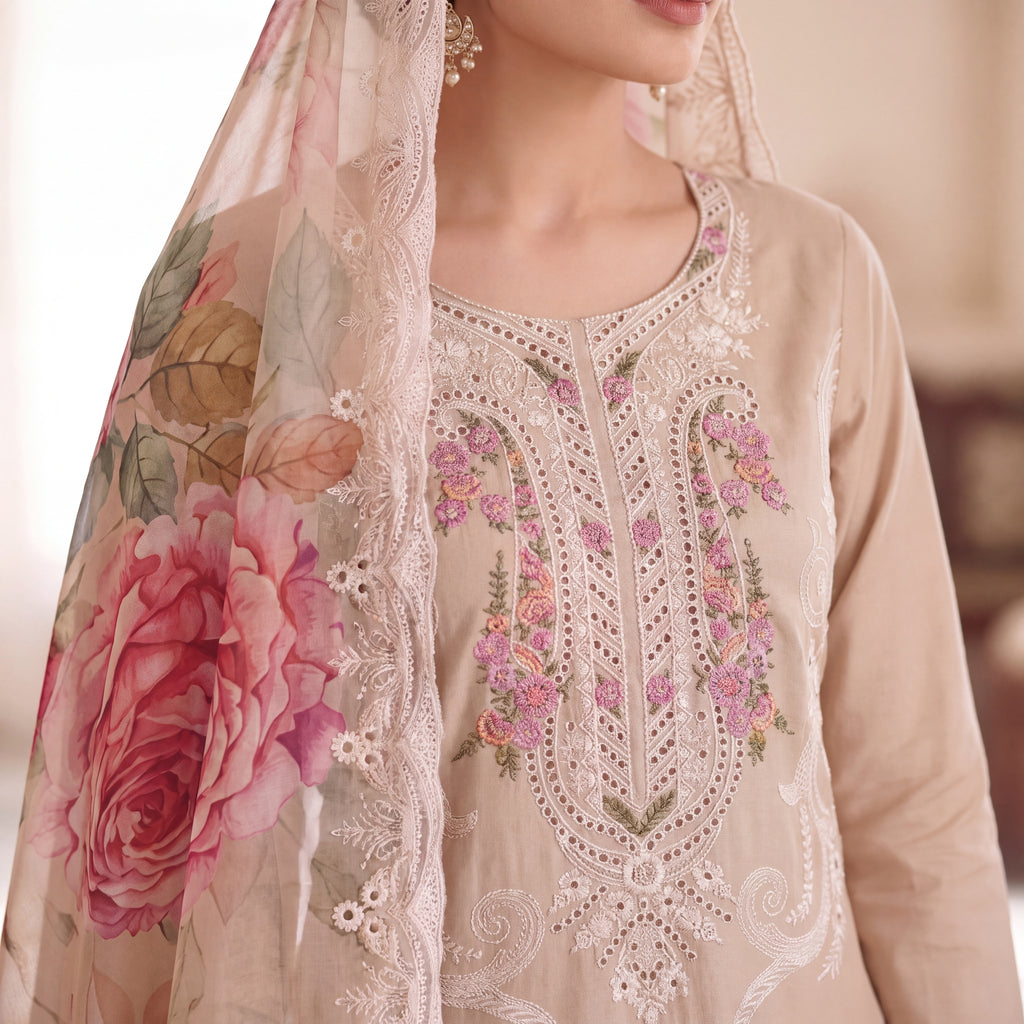 The Sandstone Rose Embroidered Mul Chanderi Set