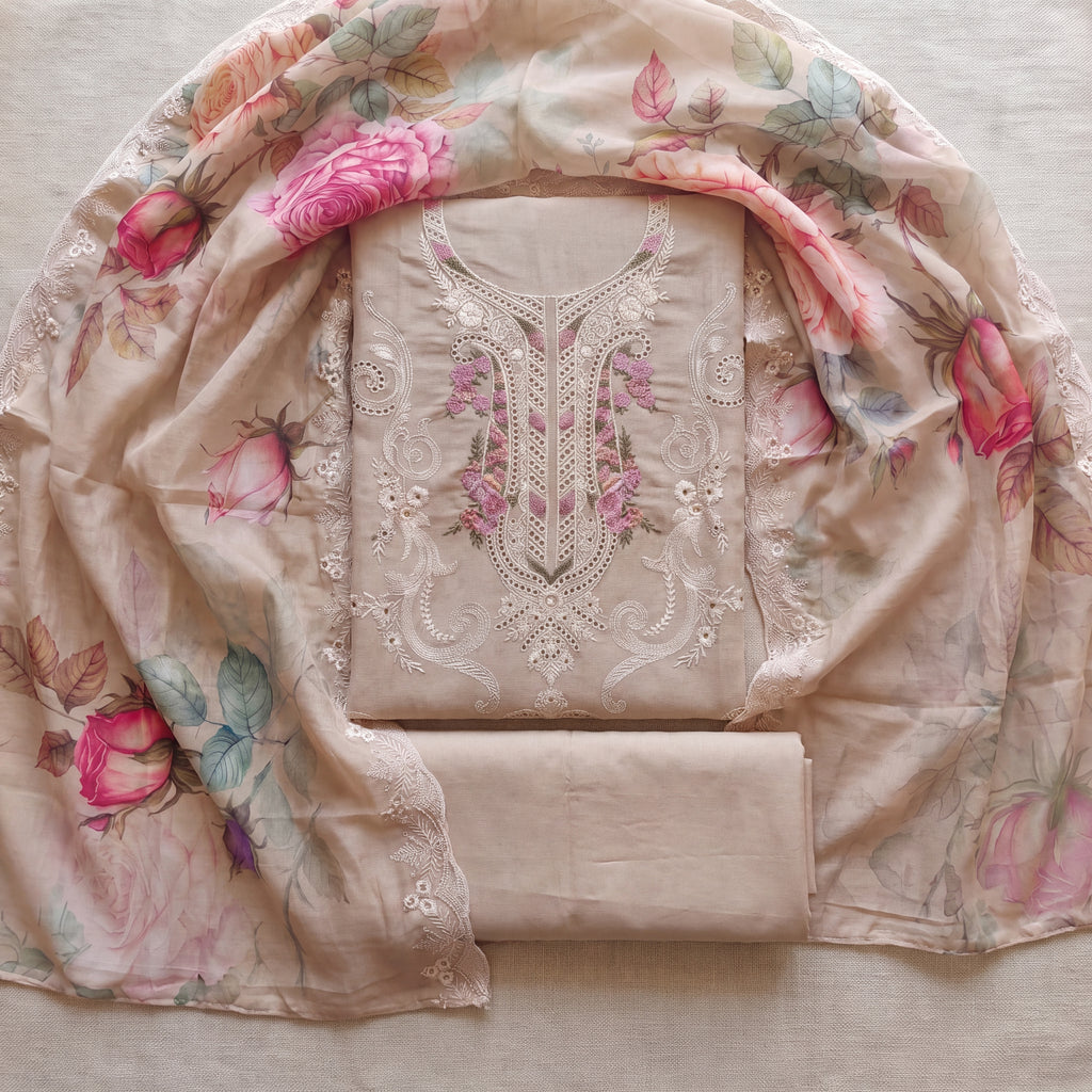 The Sandstone Rose Embroidered Mul Chanderi Set