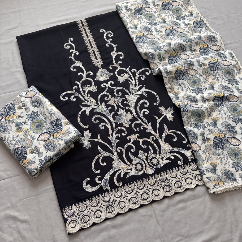 Noir Botanical Embroidered Unstitched Mul Chanderi Suit Set