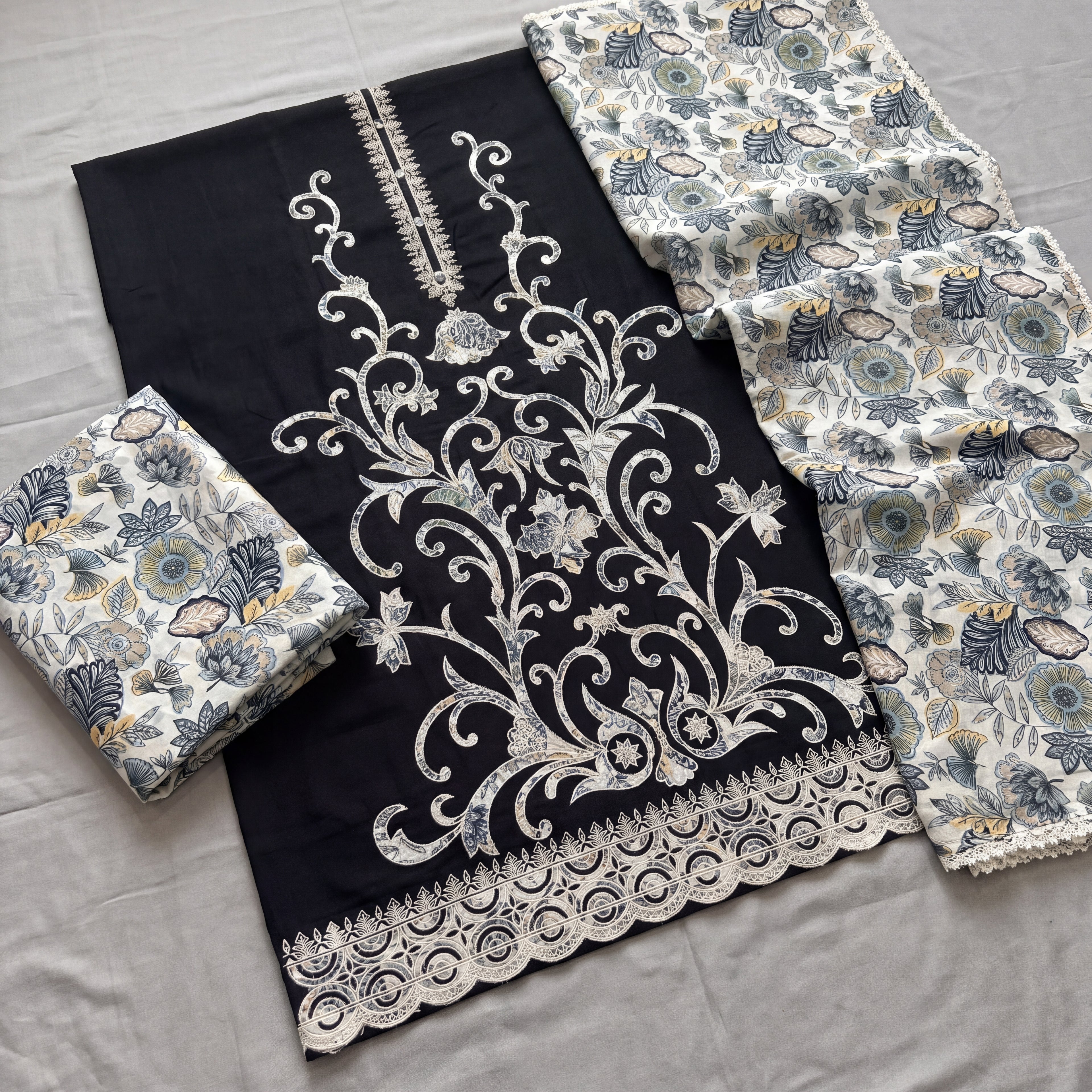 Noir Botanical Embroidered Unstitched Mul Chanderi Suit Set