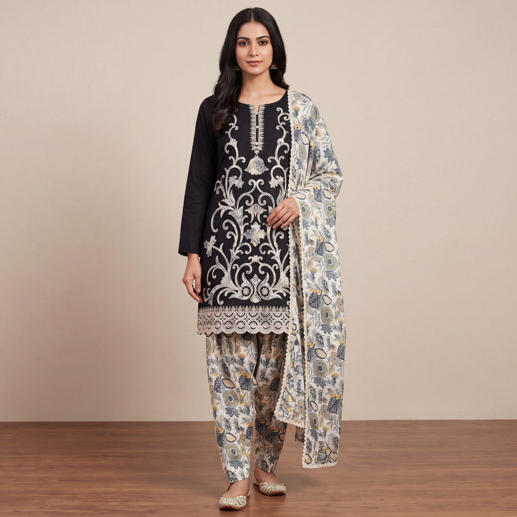 Noir Botanical Embroidered Unstitched Mul Chanderi Suit Set