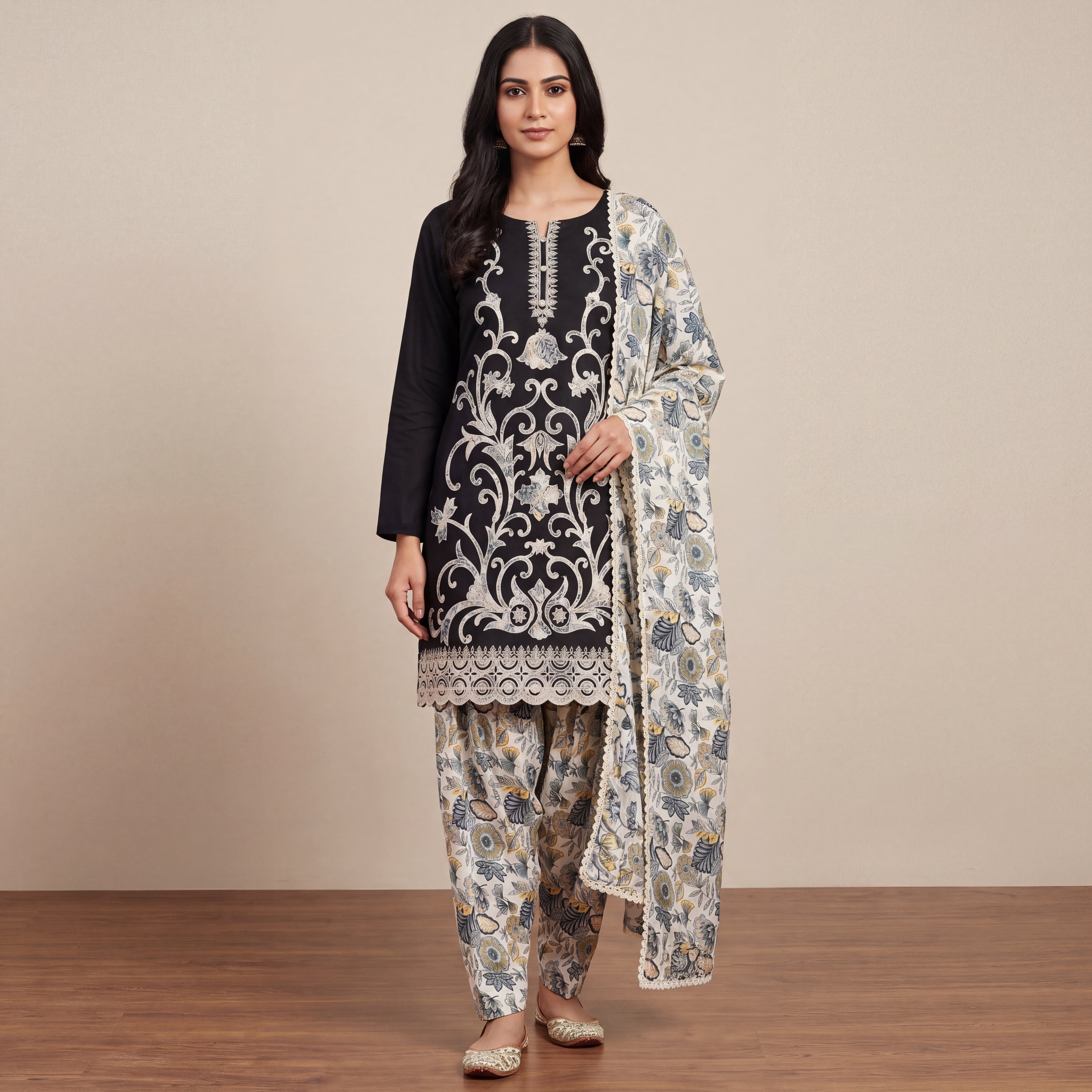 Noir Botanical Embroidered Unstitched Mul Chanderi Suit Set