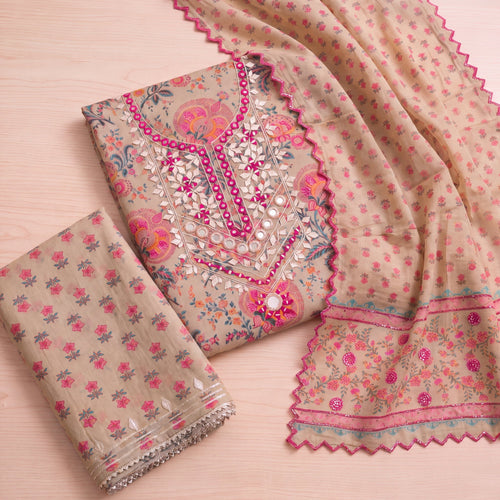 Beige Floral Mirror-Work Unstitched Suit Set (3-Piece) - SAJHO