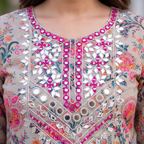 Beige Floral Mirror-Work Unstitched Suit Set (3-Piece) - SAJHO
