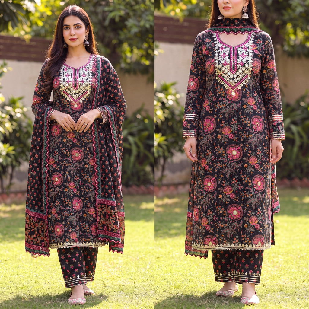 Black Floral Unstitched Suit Set (3-Piece) - SAJHO