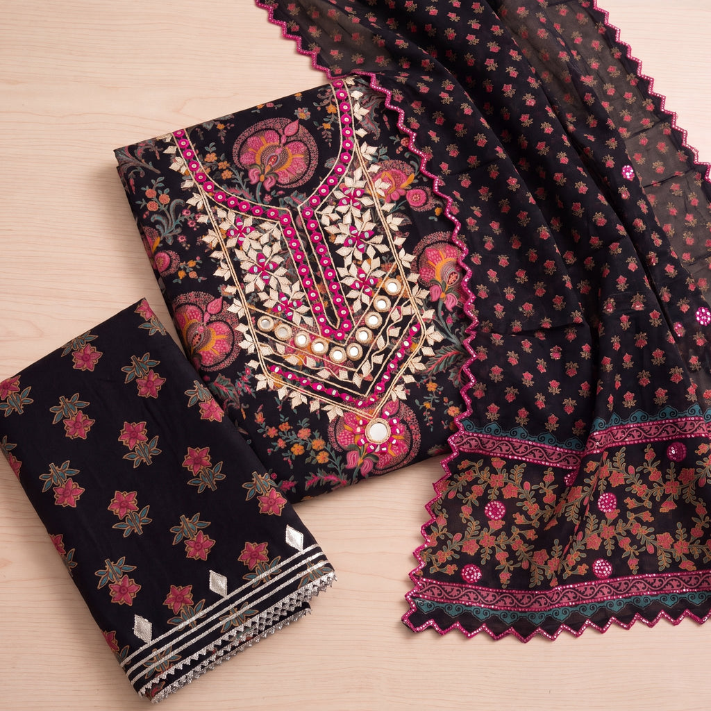 Black Floral Unstitched Suit Set (3-Piece) - SAJHO