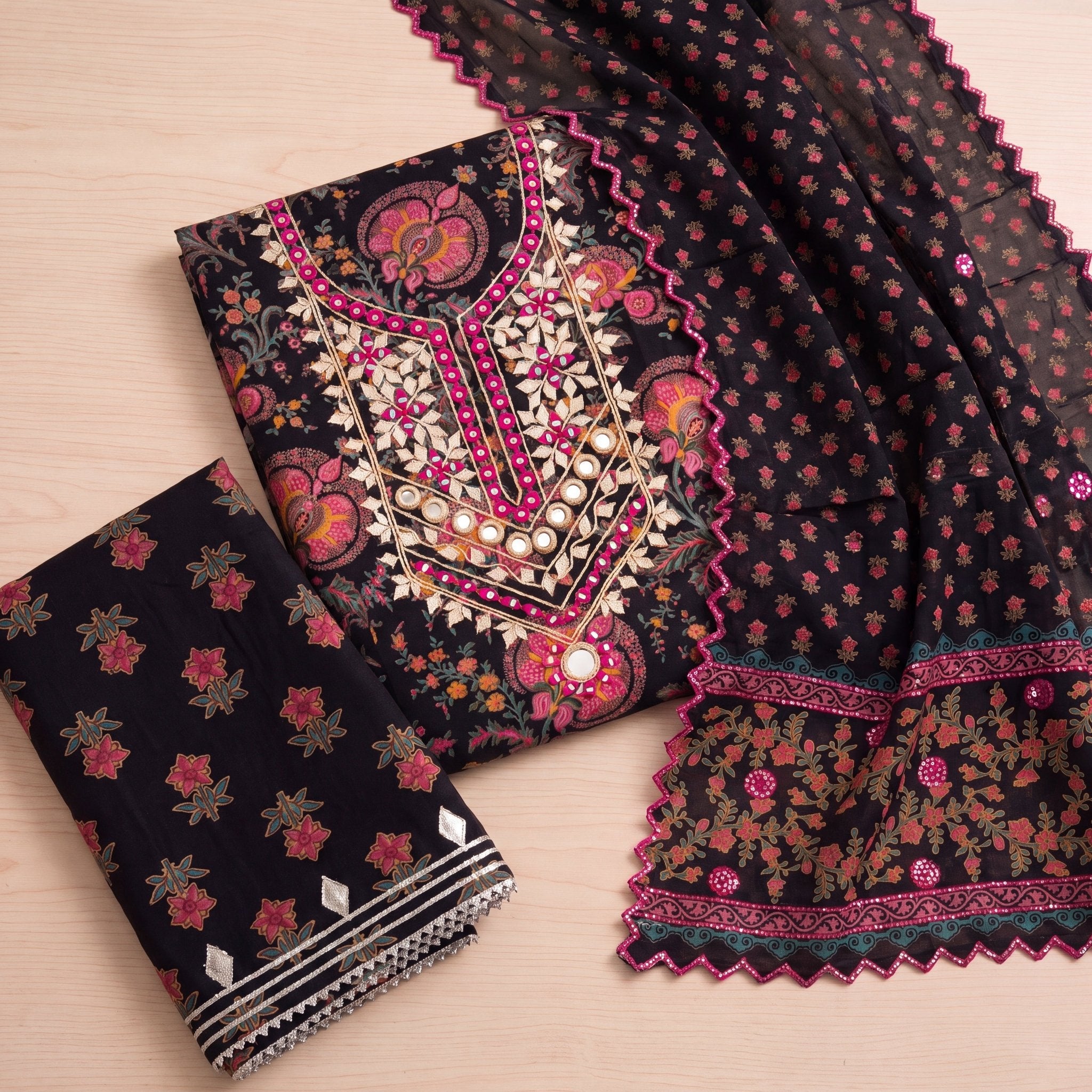Black Floral Unstitched Suit Set (3-Piece) - SAJHO