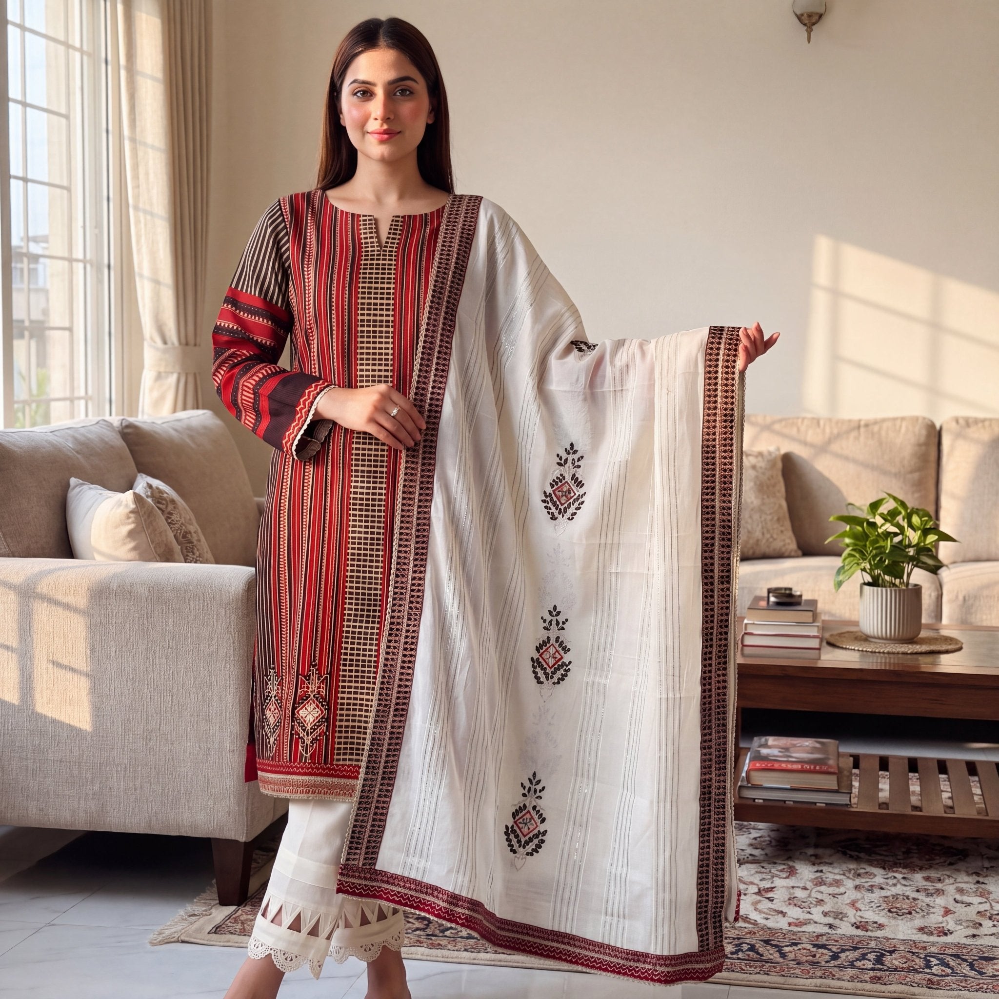 Crimson Ajrakh Mirror-Work Unstitched Suit Set (3-Piece) - SAJHO