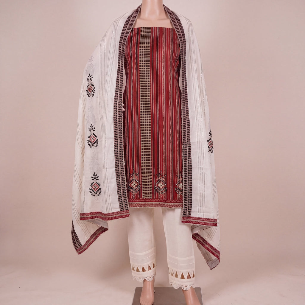 Crimson Ajrakh Mirror-Work Unstitched Suit Set (3-Piece) - SAJHO