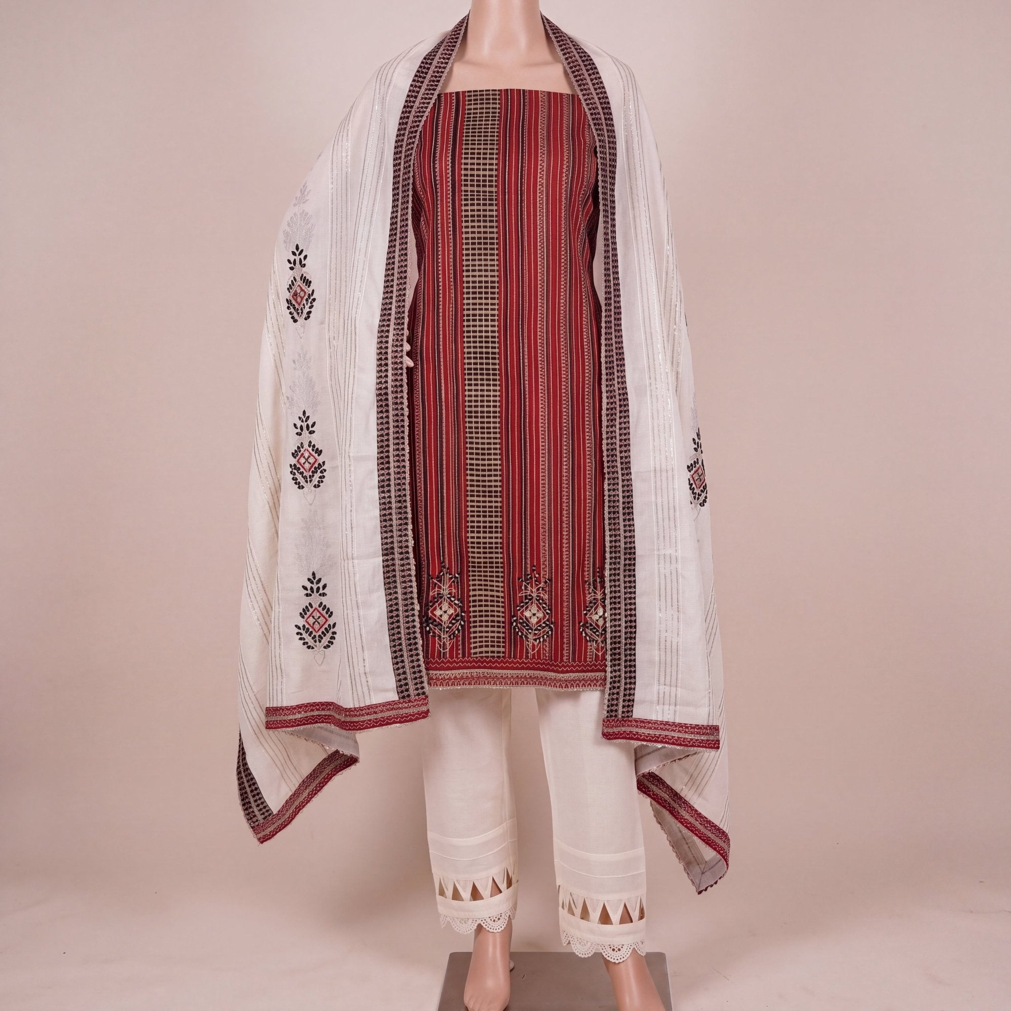 Crimson Ajrakh Mirror-Work Unstitched Suit Set (3-Piece) - SAJHO