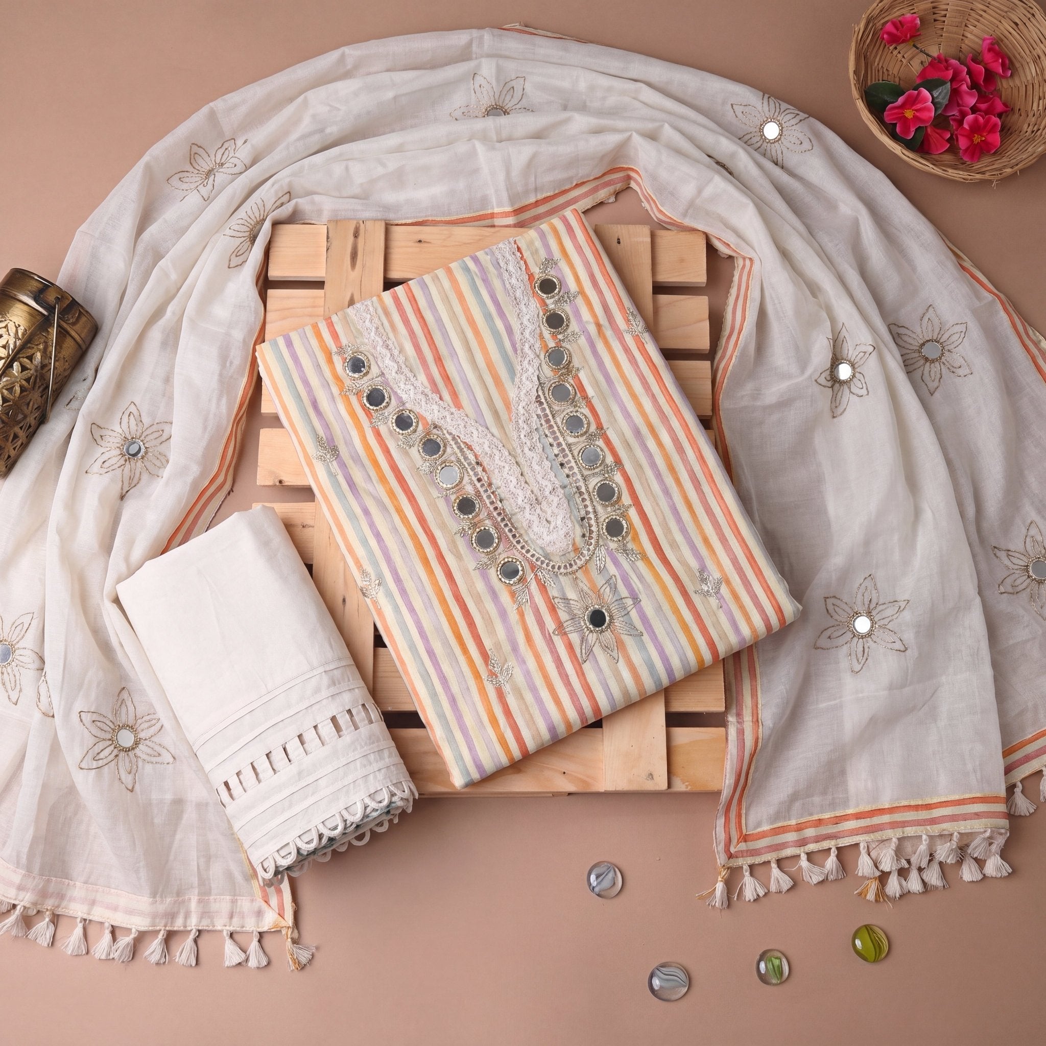 Embroidered Pastel Stripe & Cutwork Unstitched 3-Piece Set⁠ - SAJHO