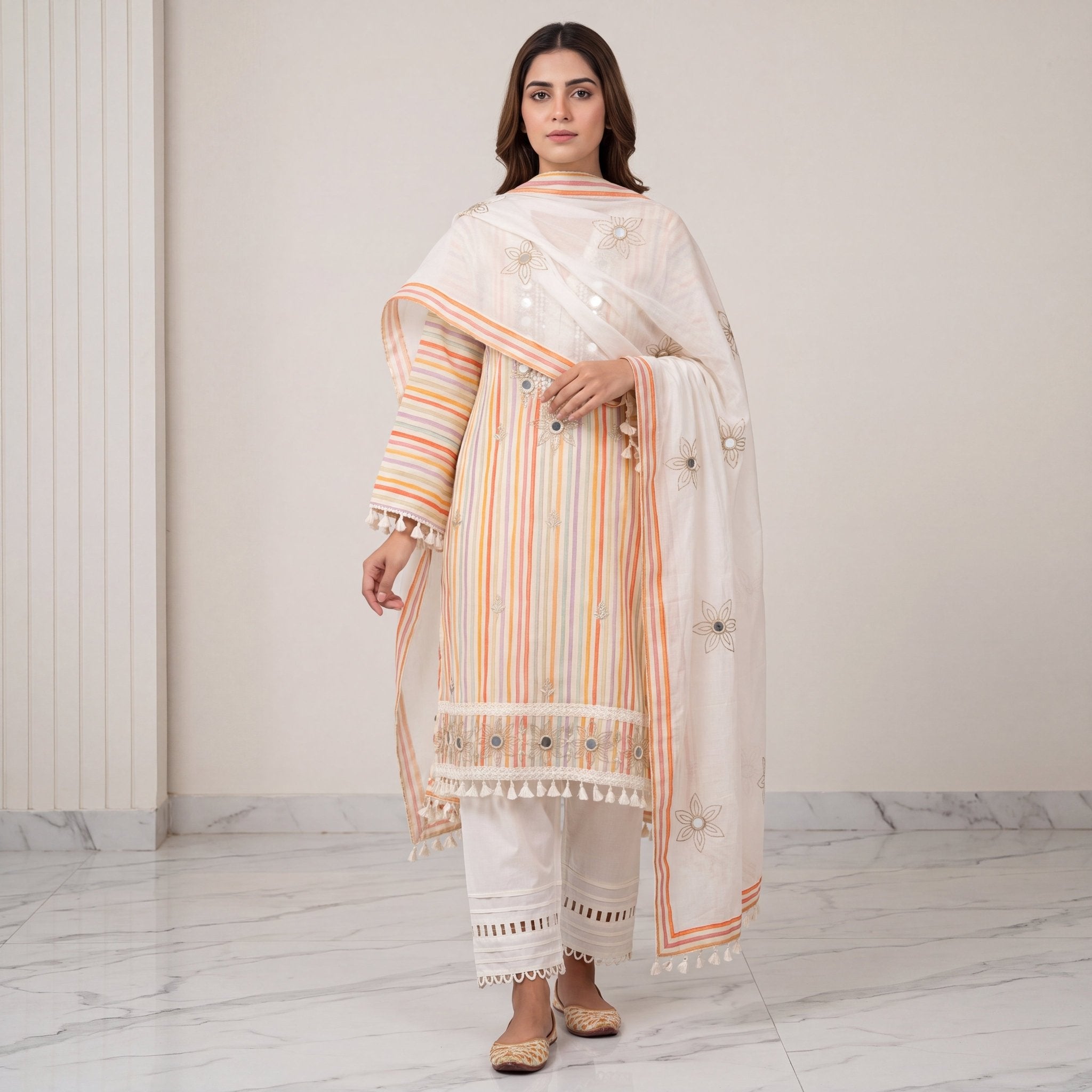 Embroidered Pastel Stripe & Cutwork Unstitched 3-Piece Set⁠ - SAJHO