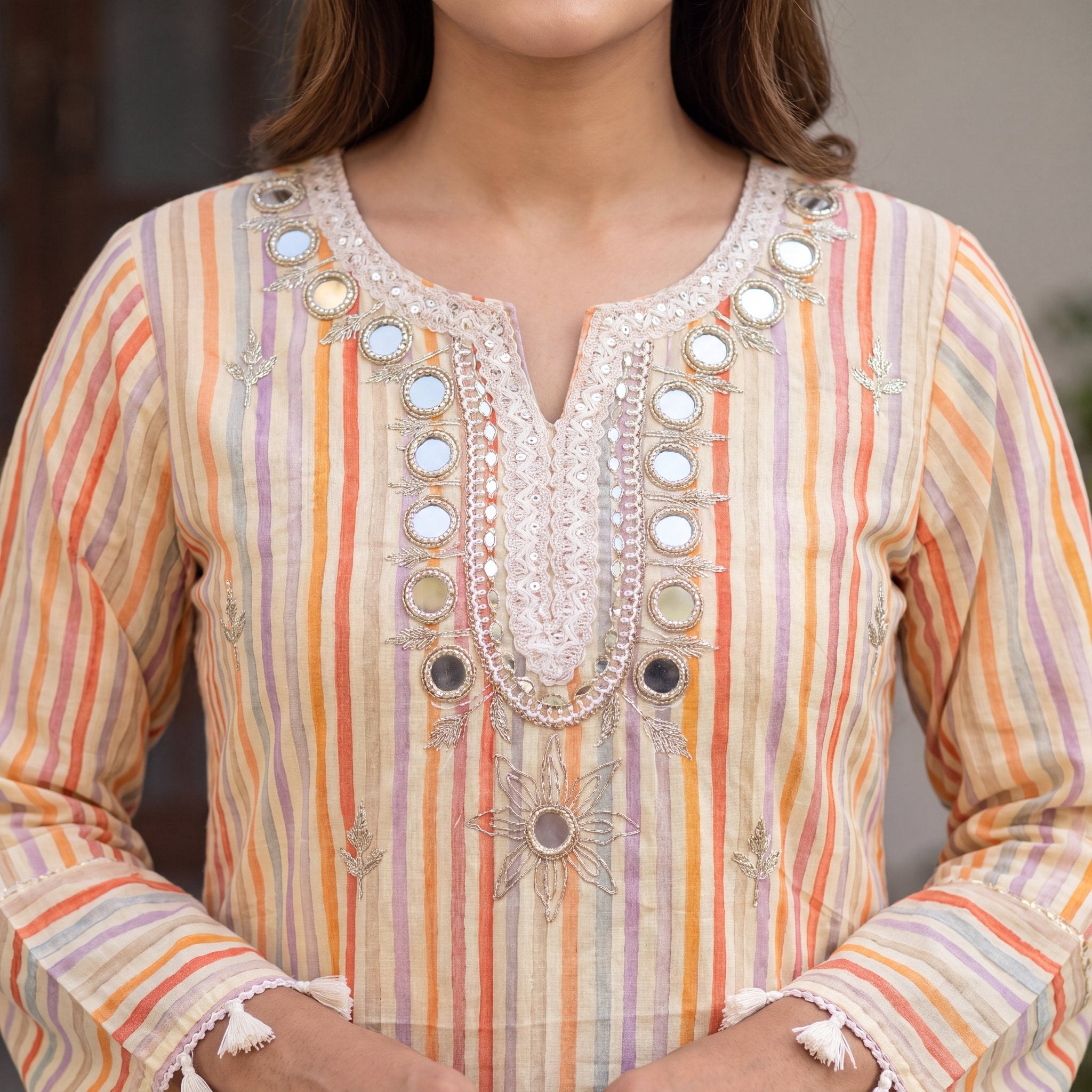 Embroidered Pastel Stripe & Cutwork Unstitched 3-Piece Set⁠ - SAJHO