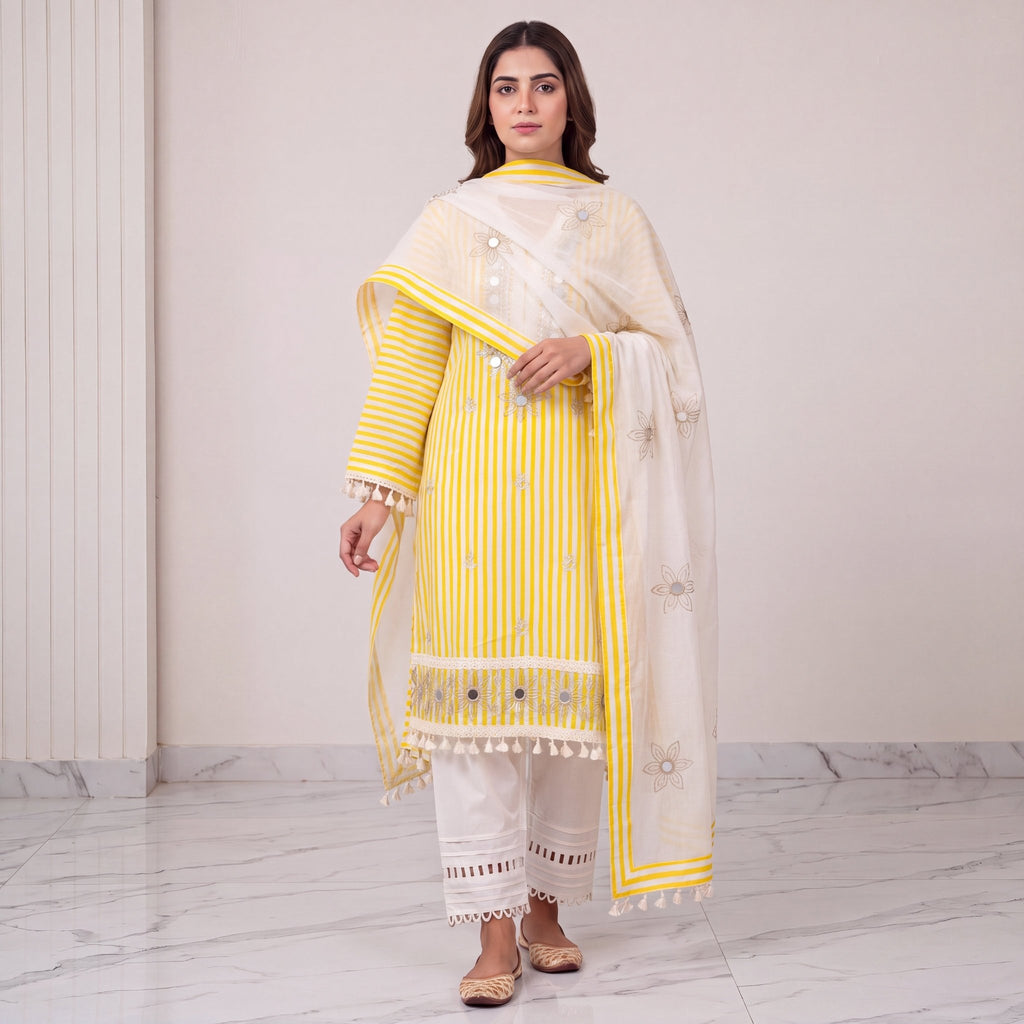 Embroidered Yellow Stripe & Cutwork Unstitched 3-Piece Set⁠ - SAJHO