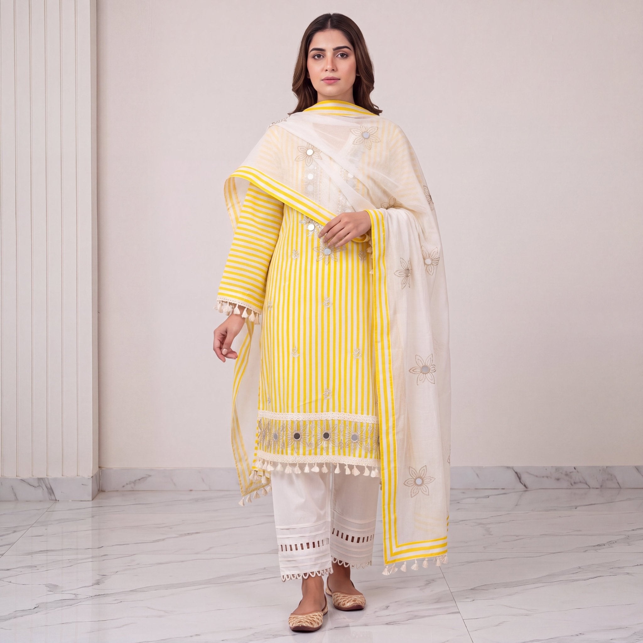 Embroidered Yellow Stripe & Cutwork Unstitched 3-Piece Set⁠ - SAJHO