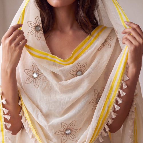 Embroidered Yellow Stripe & Cutwork Unstitched 3-Piece Set⁠ - SAJHO