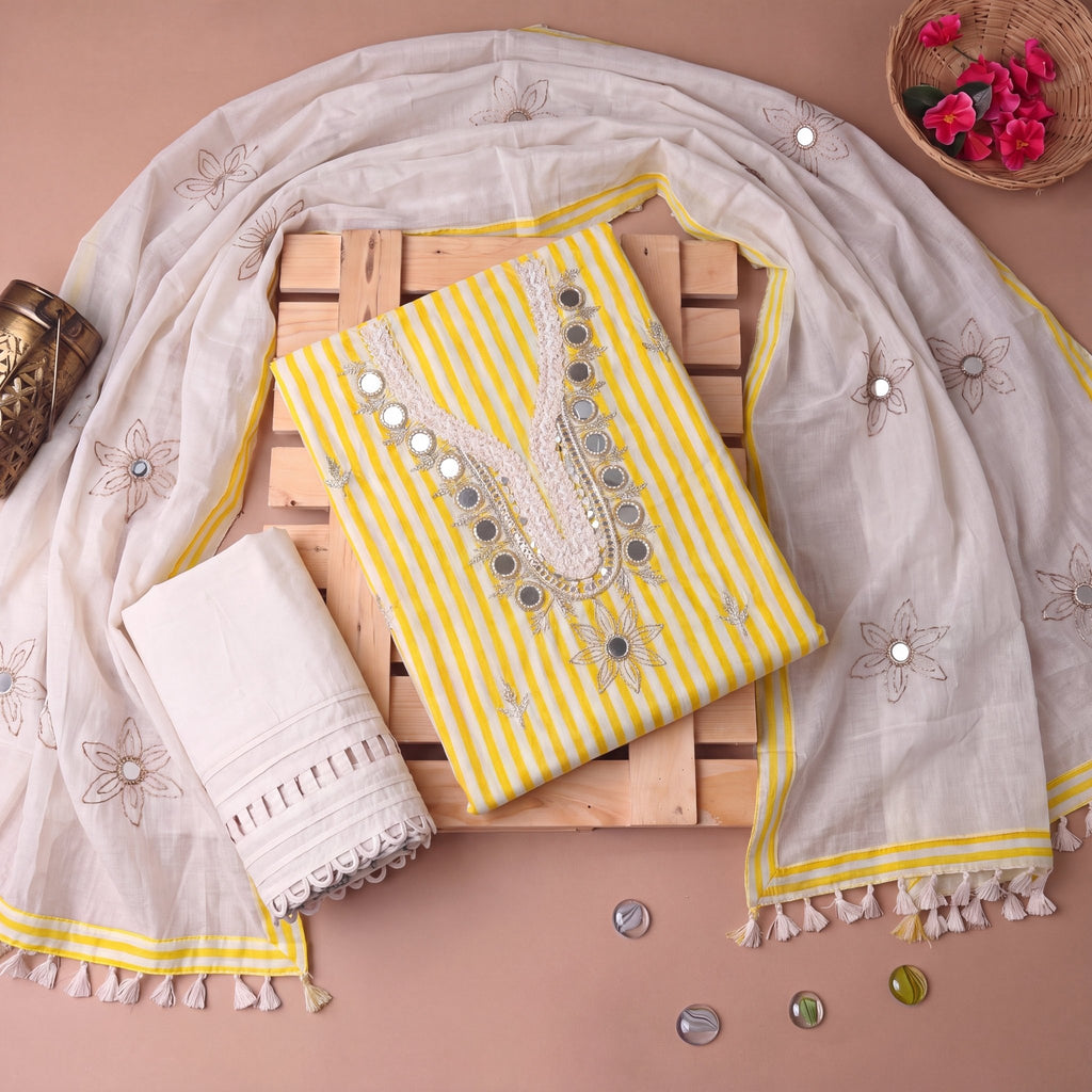 Embroidered Yellow Stripe & Cutwork Unstitched 3-Piece Set⁠ - SAJHO