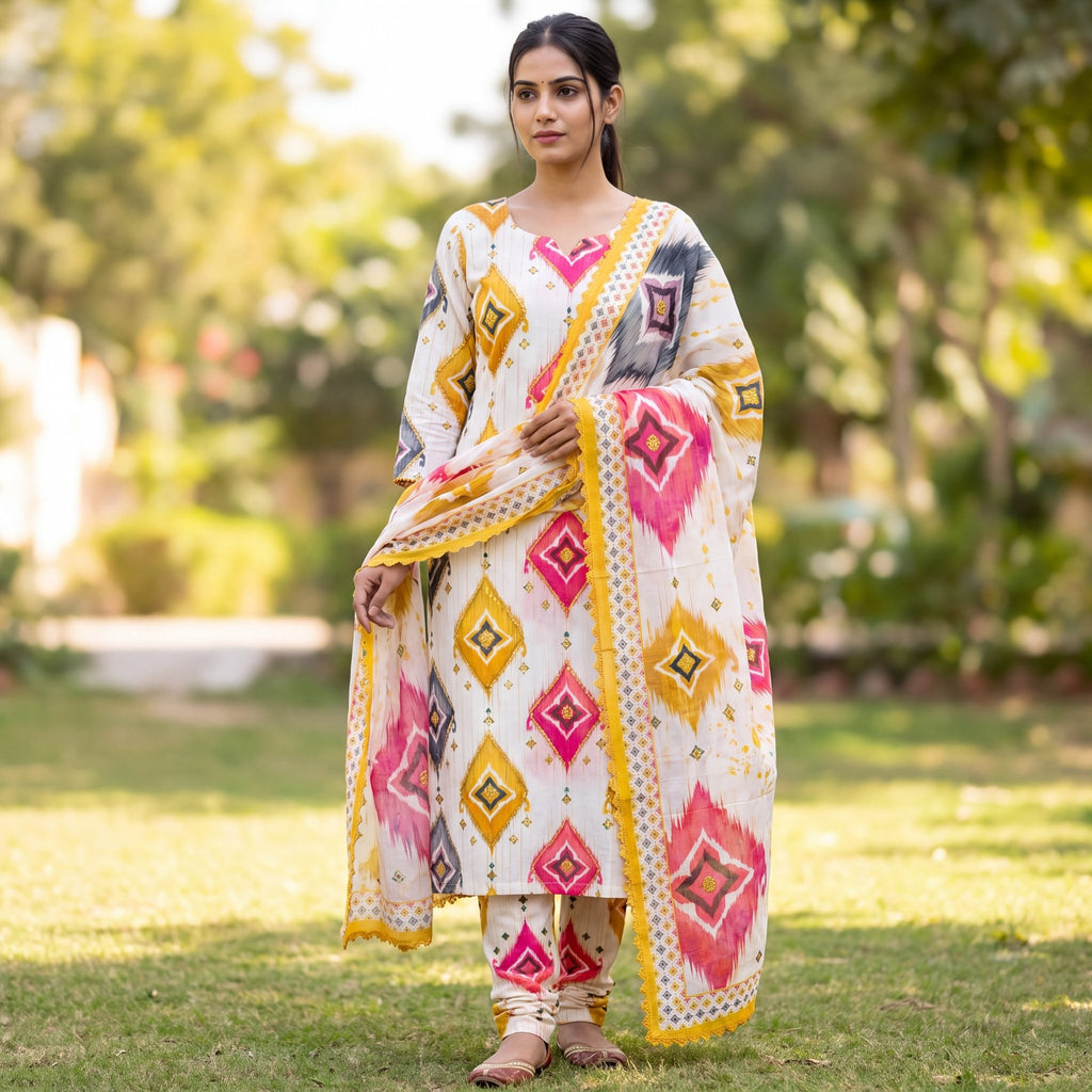 Fuchsia & Mustard Ikat Geometric Unstitched Cotton Suit Set (3-Piece) - SAJHO