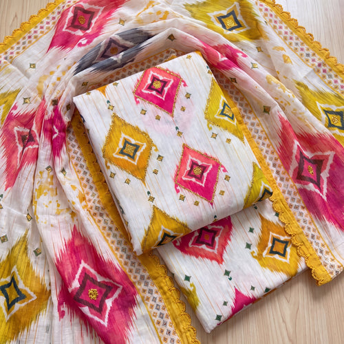 Fuchsia & Mustard Ikat Geometric Unstitched Cotton Suit Set (3-Piece) - SAJHO