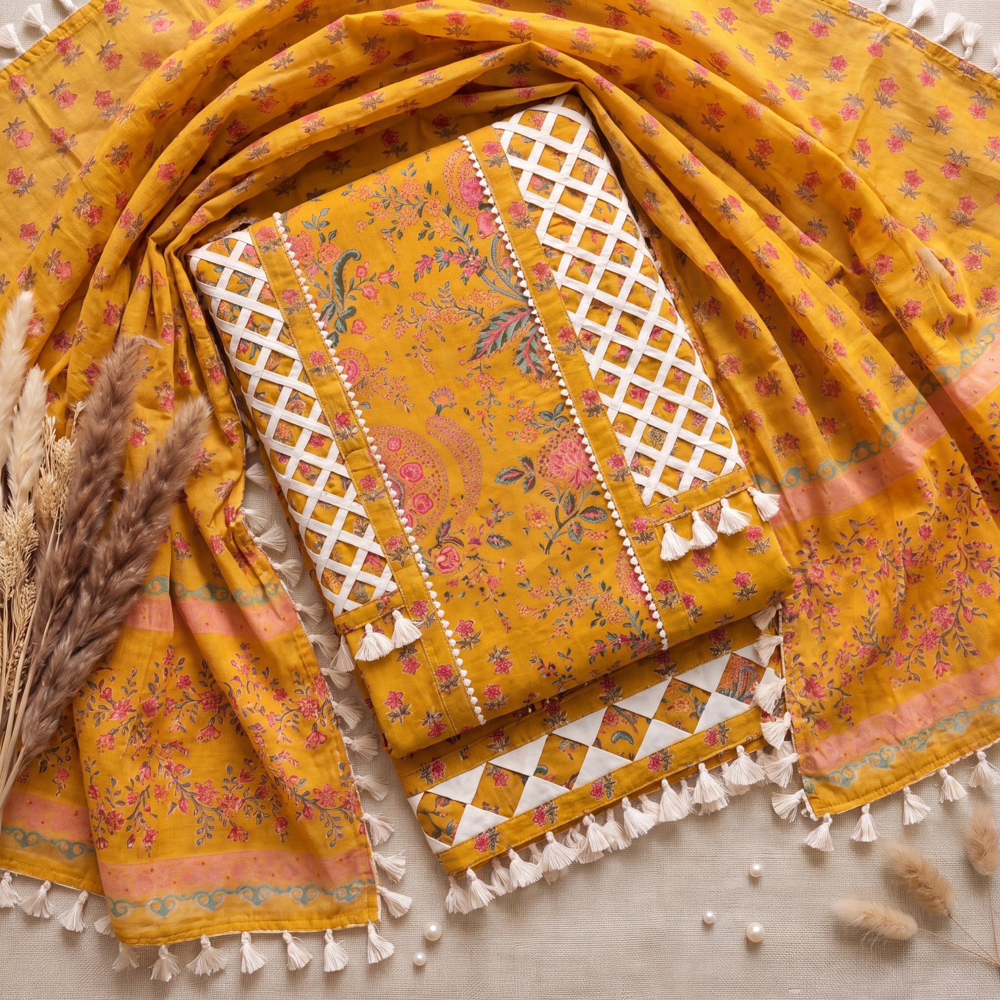 Marigold Floral Cutwork Unstitched Suit Set (3-Piece) - SAJHO