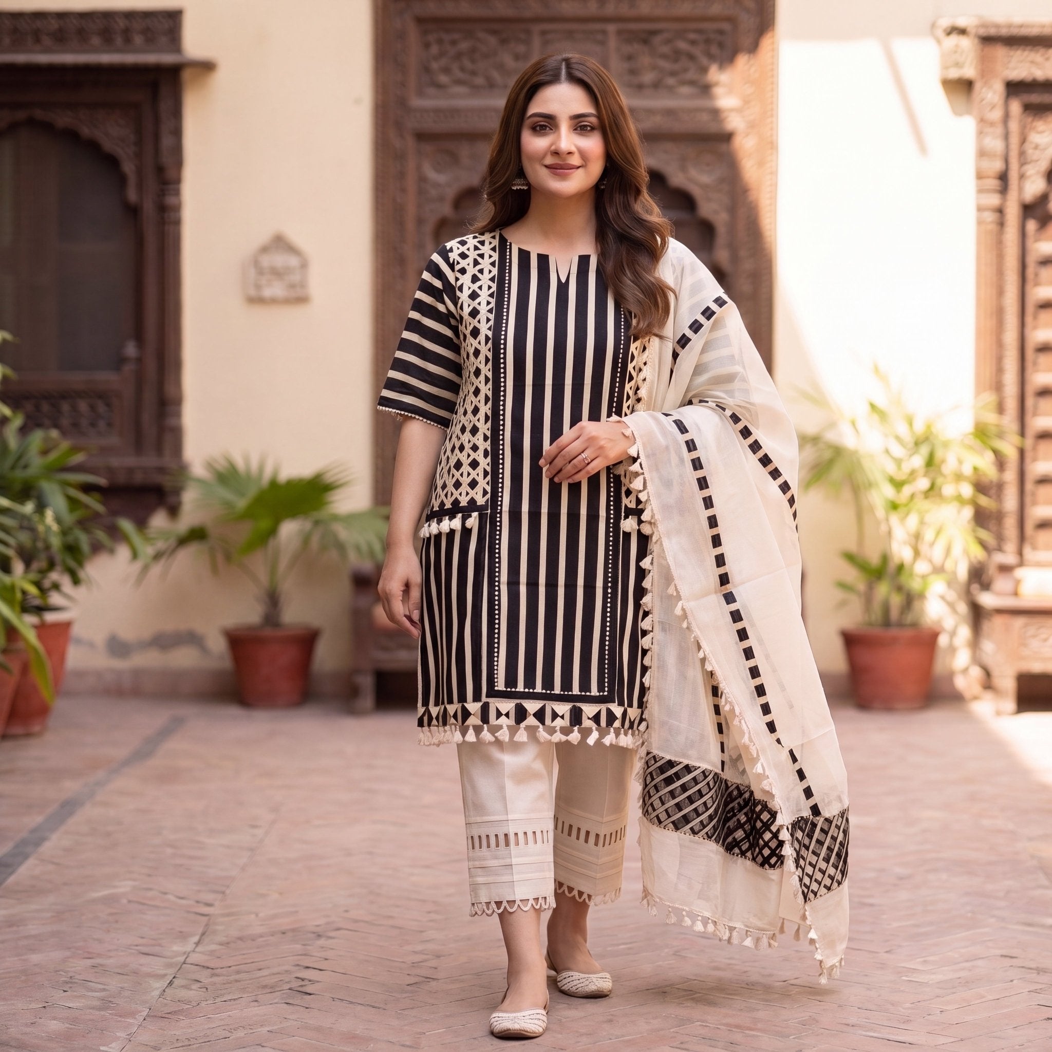 Monochrome Stripe & Lattice Unstitched Cotton Suit Set (3-Piece) - SAJHO