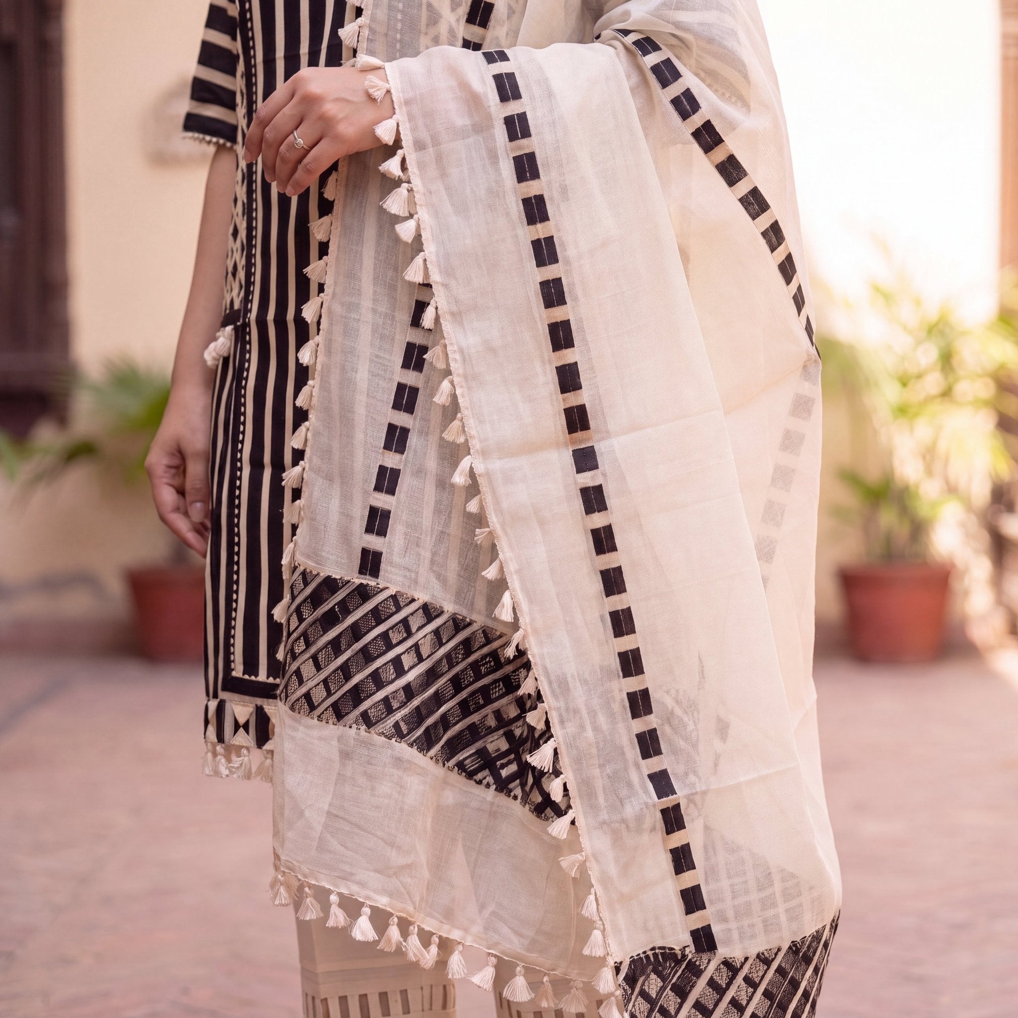 Monochrome Stripe & Lattice Unstitched Cotton Suit Set (3-Piece) - SAJHO