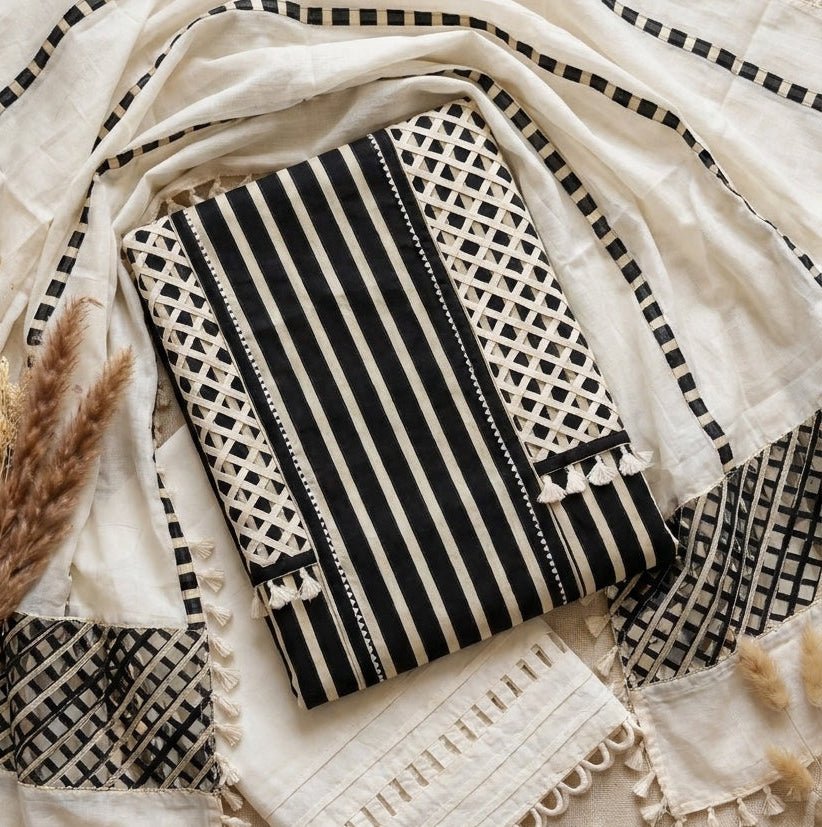 Monochrome Stripe & Lattice Unstitched Cotton Suit Set (3-Piece) - SAJHO
