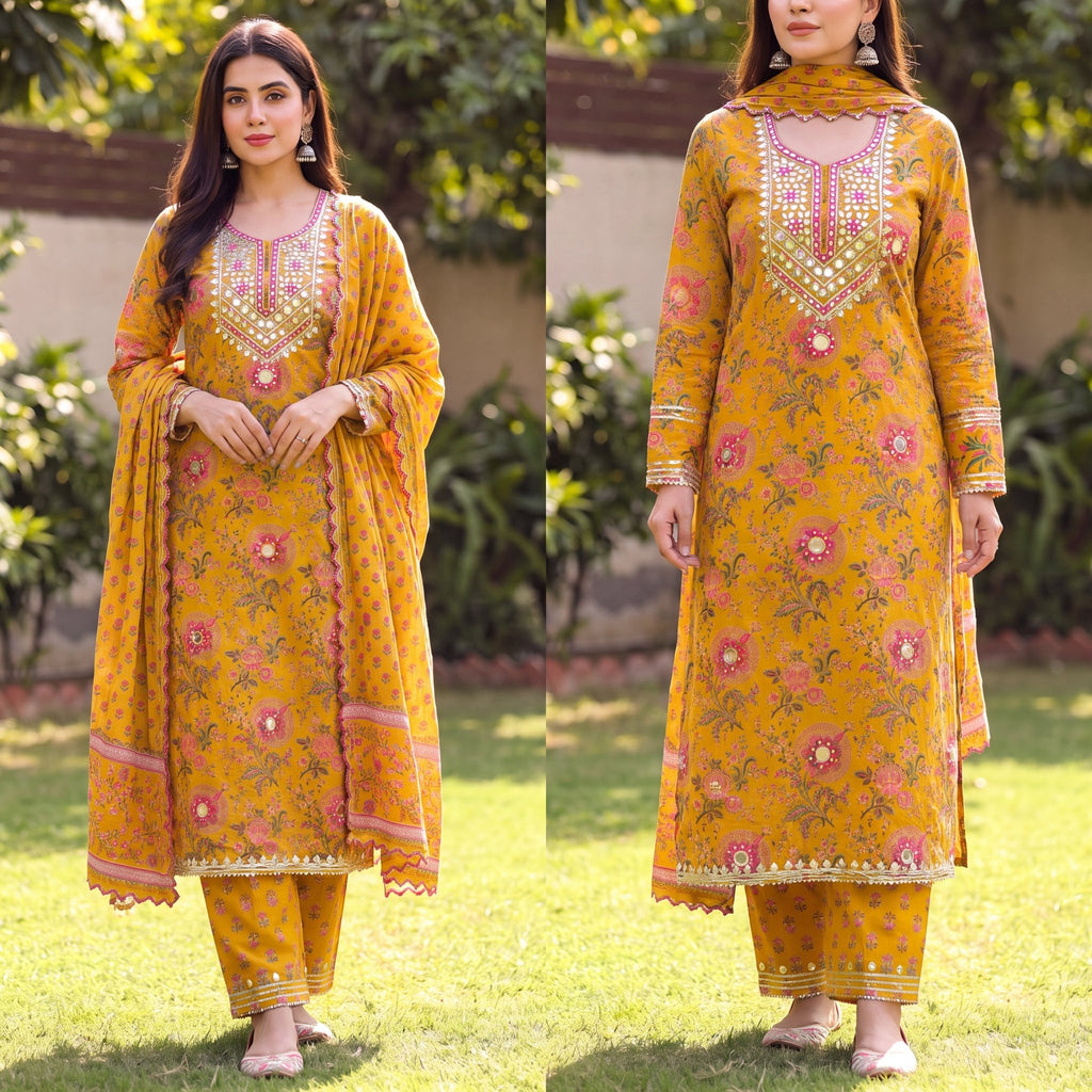 Mustard yellow Floral Unstitched Suit Set (3-Piece) - SAJHO