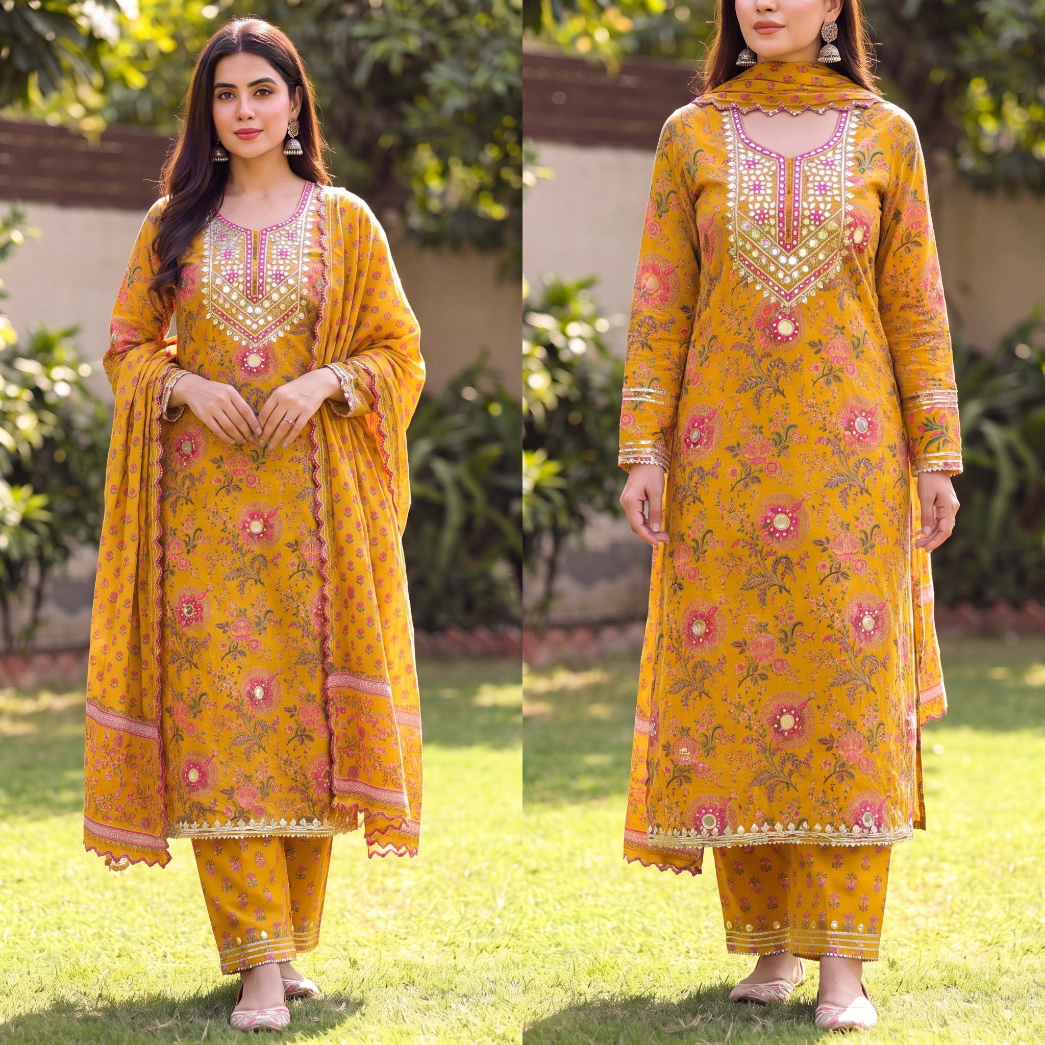 Mustard yellow Floral Unstitched Suit Set (3-Piece) - SAJHO