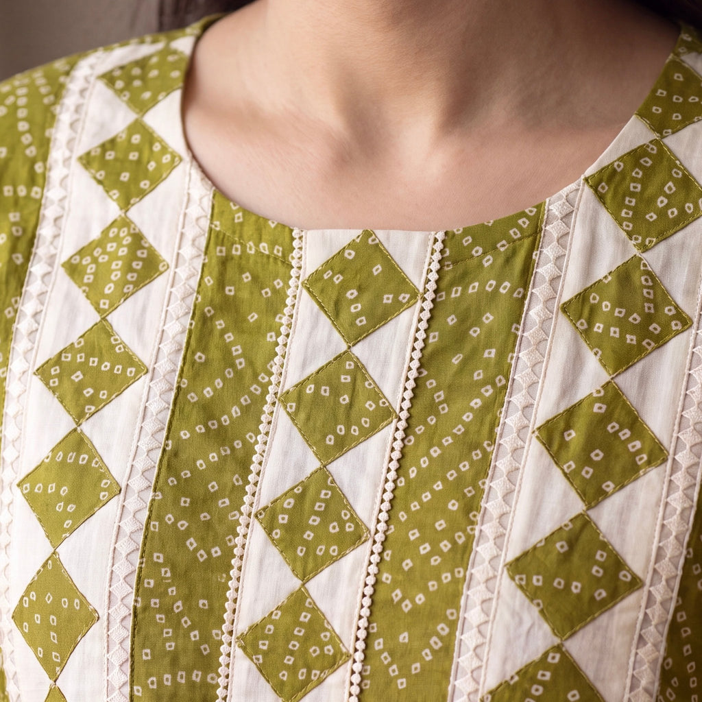 Olive and White Bandhani Unstitched Dress Material Set (3-Piece) - SAJHO