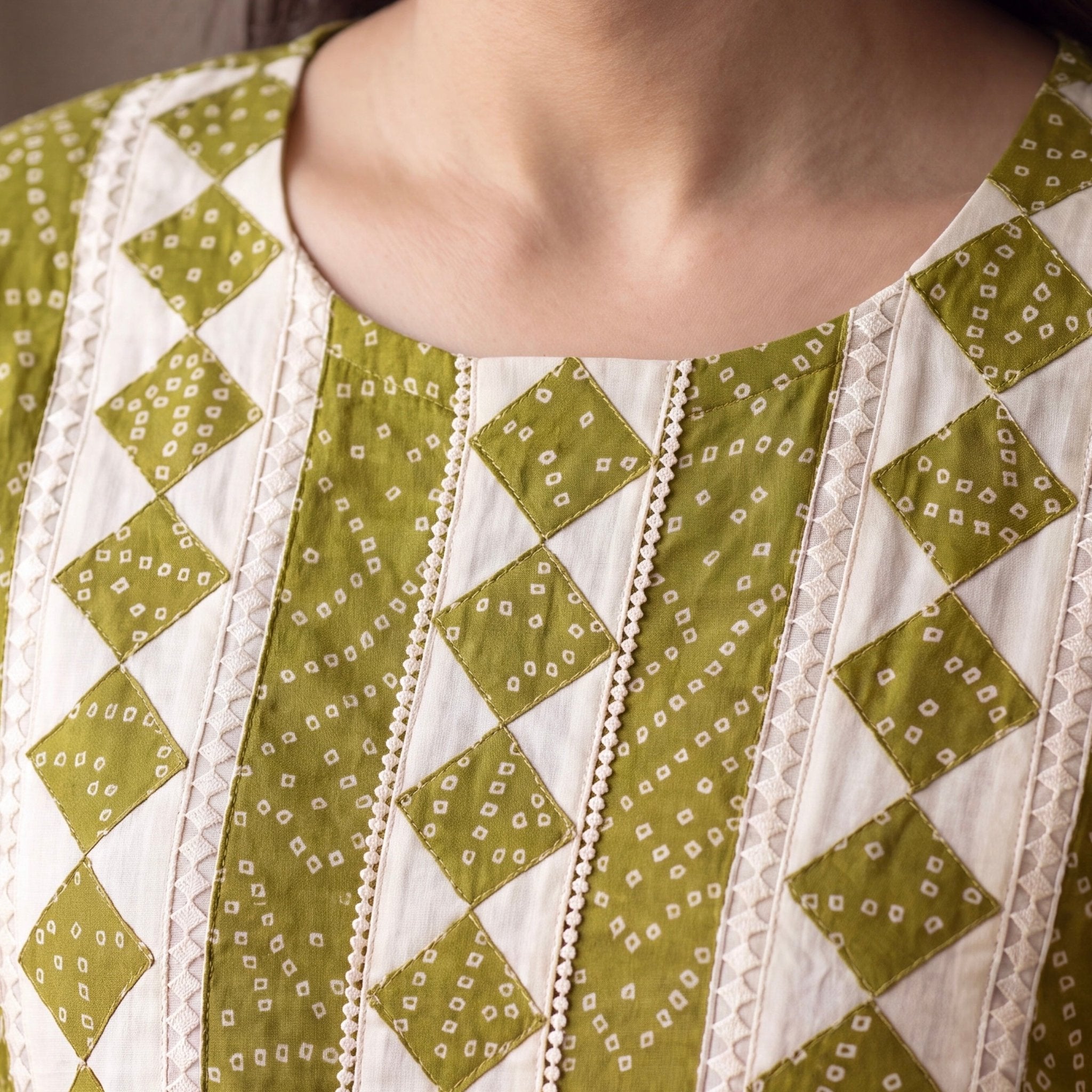 Olive and White Bandhani Unstitched Dress Material Set (3-Piece) - SAJHO