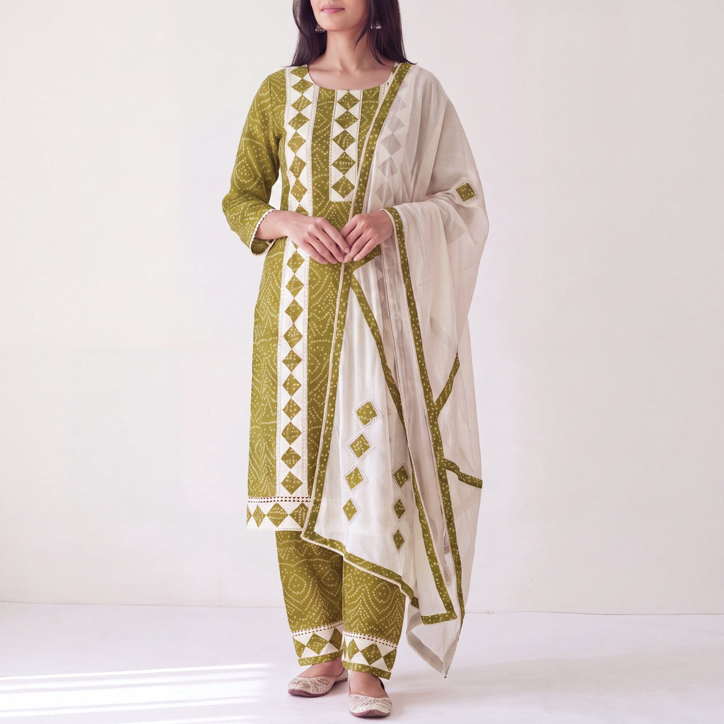 Olive and White Bandhani Unstitched Dress Material Set (3-Piece) - SAJHO