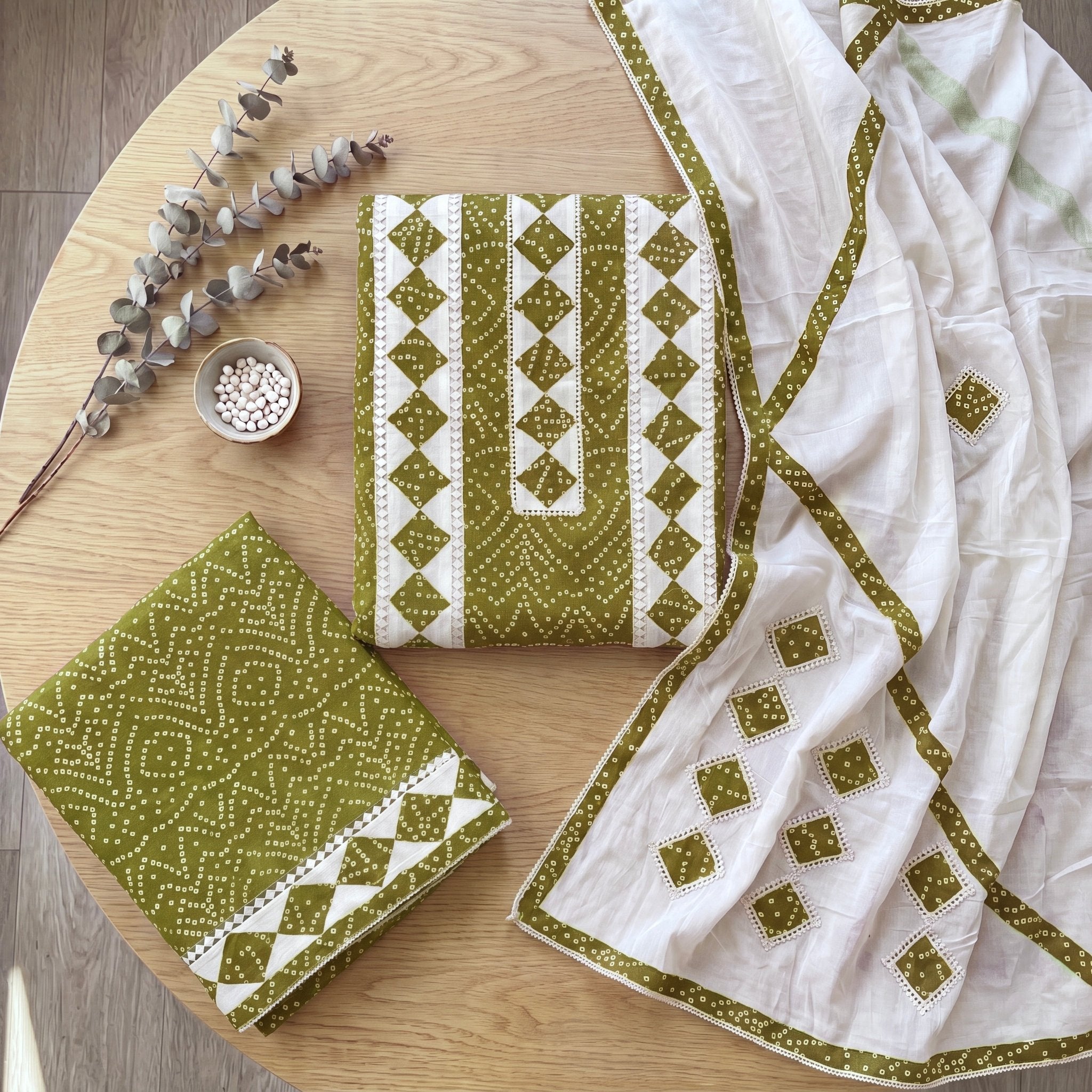 Olive and White Bandhani Unstitched Dress Material Set (3-Piece) - SAJHO