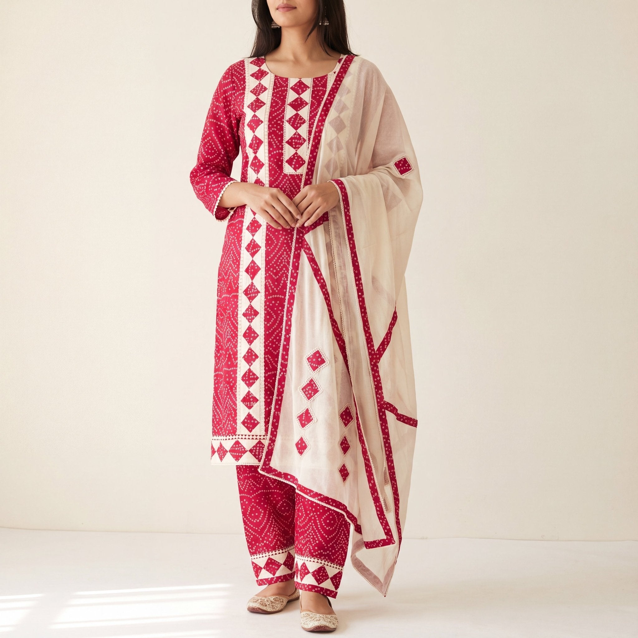 Pink and White Bandhani Unstitched Dress Material Set (3-Piece) - SAJHO