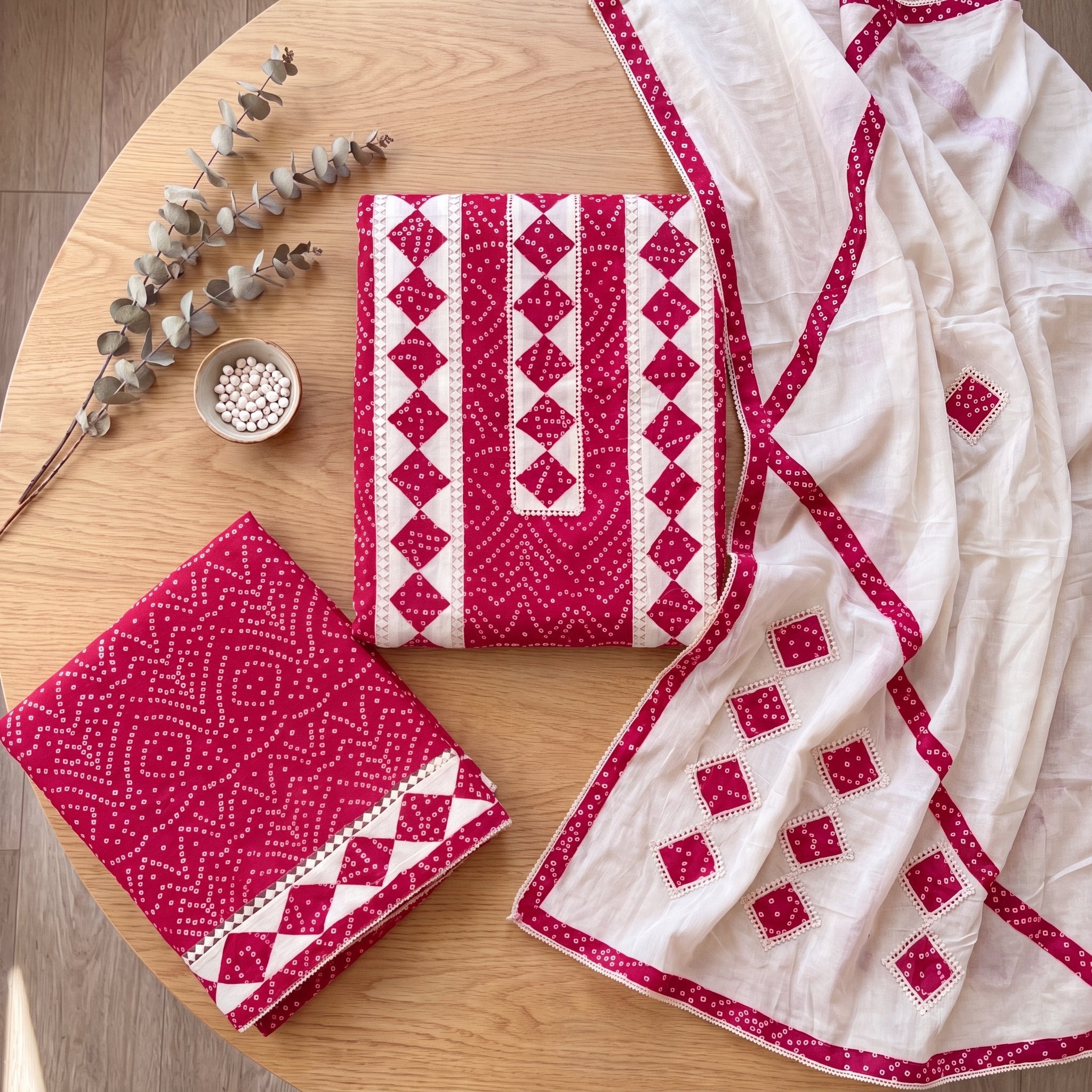 Pink and White Bandhani Unstitched Dress Material Set (3-Piece) - SAJHO