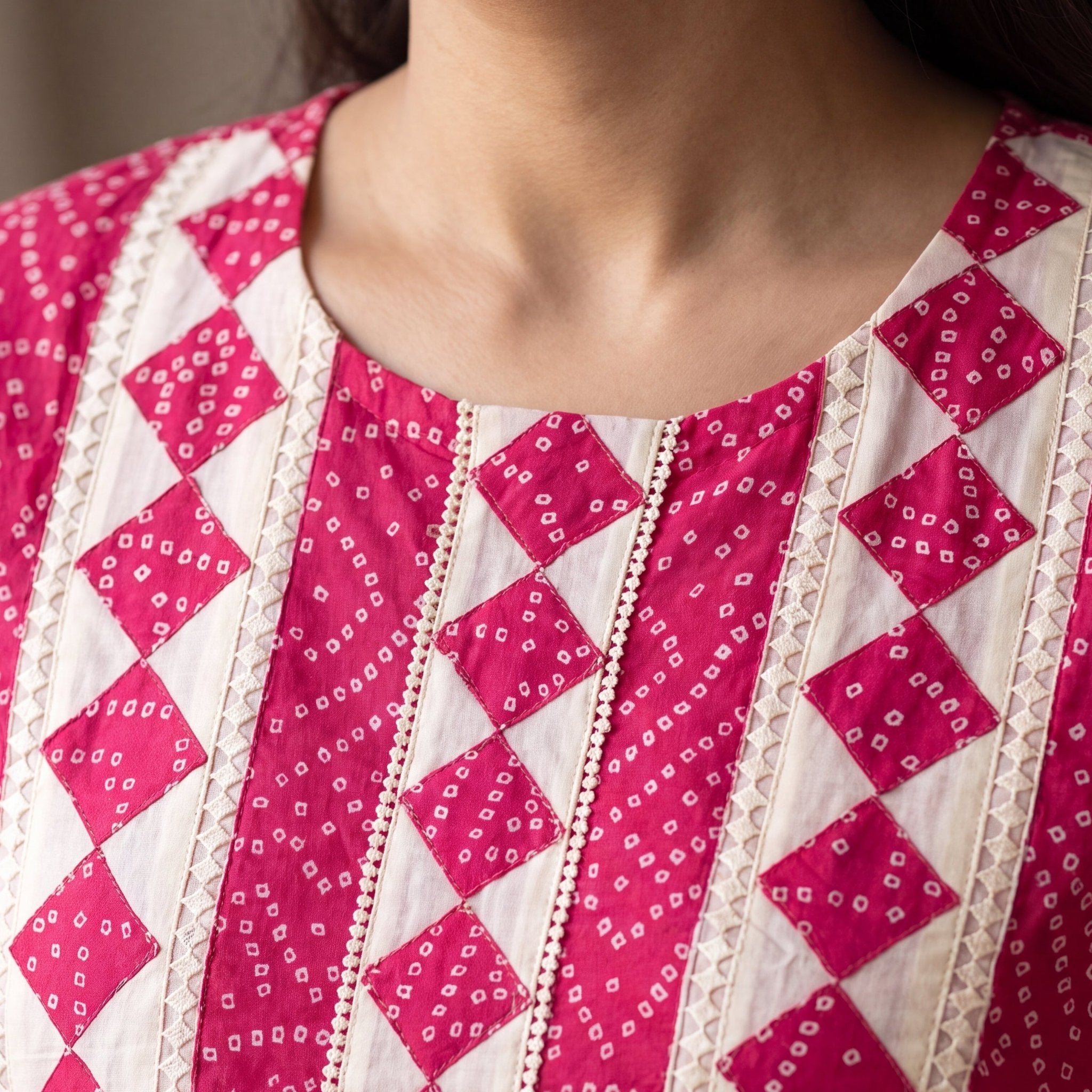 Pink and White Bandhani Unstitched Dress Material Set (3-Piece) - SAJHO