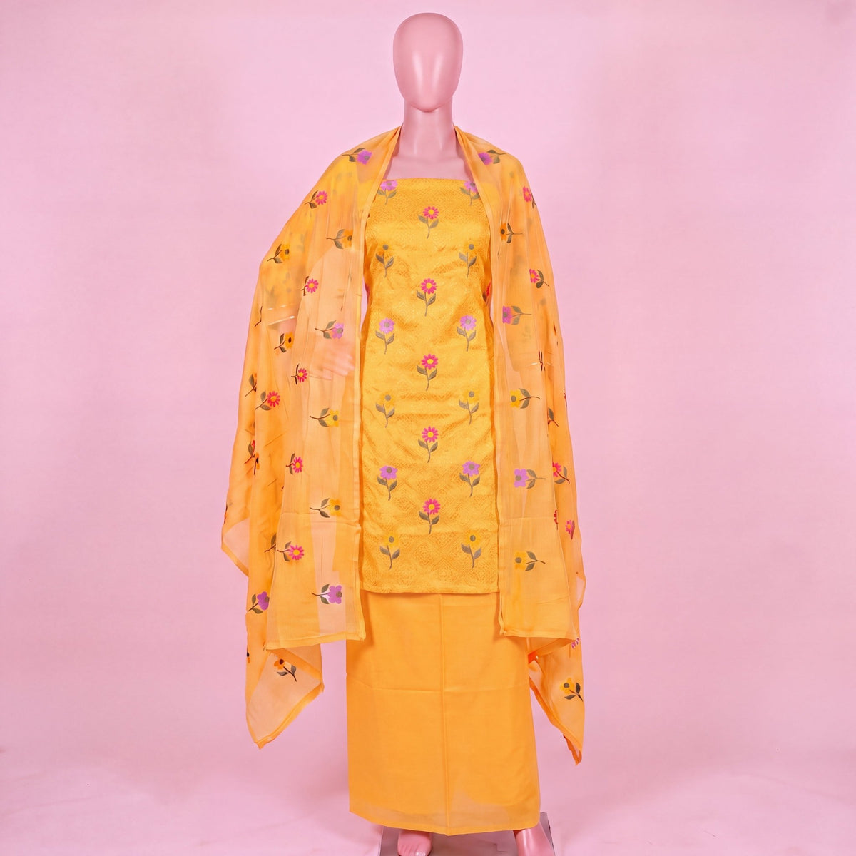 Sunlit Bloom Embroidered Unstitched Cotton Suit Set (3-Piece) - SAJHO