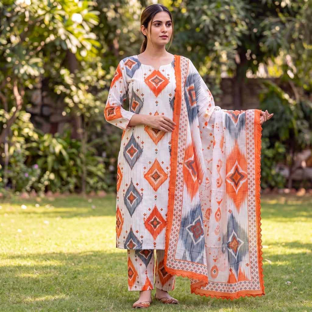 Tangerine & Slate Ikat Geometric Unstitched Cotton Suit Set (3-Piece) - SAJHO