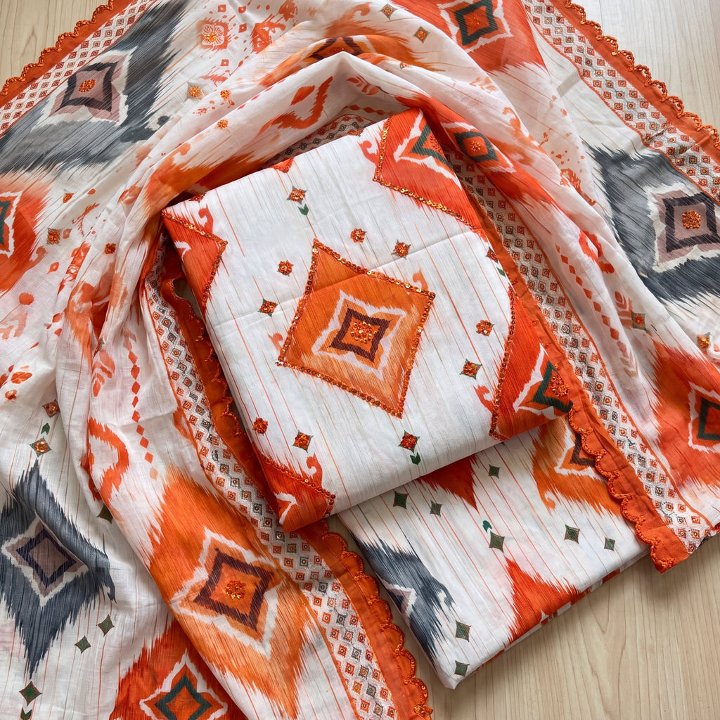 Tangerine & Slate Ikat Geometric Unstitched Cotton Suit Set (3-Piece) - SAJHO