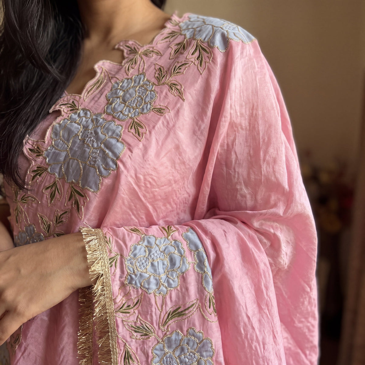 The Blush Peony Zari Embroidered Unstitched Mul Chanderi Suit Set (3-Piece) - SAJHO